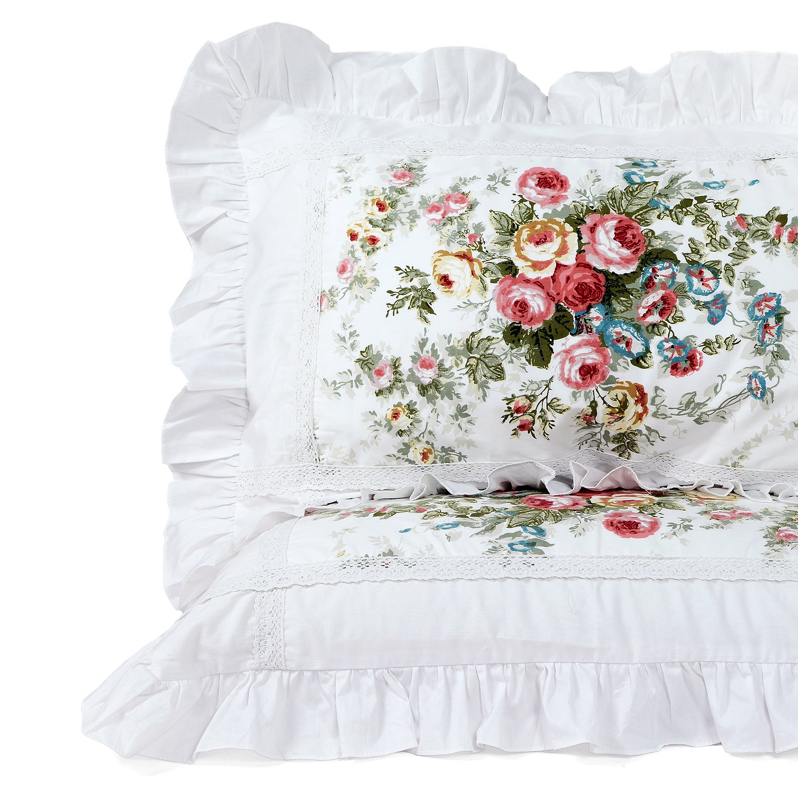 FADFAY Vintage Rose Floral Print Pillowcases - Shabby Chic Pink Roses, Elegant Country Style with Lace Ruffles - Standard Size 19x29 Inches for Twin/Full/Queen Bed - Perfect for Farmhouse, Cottage & Boho Bedroom Decor
