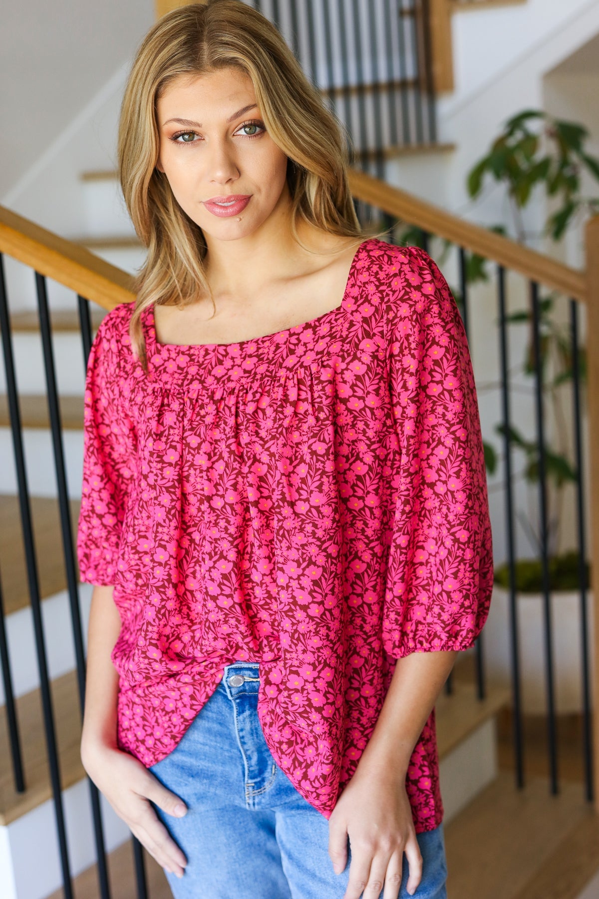 Perfectly You Fuchsia Floral Print Three Quarter Sleeve Square Neck Blouse for Women | Casual Spring Summer Tops for Office Wear & Date Night Outfits