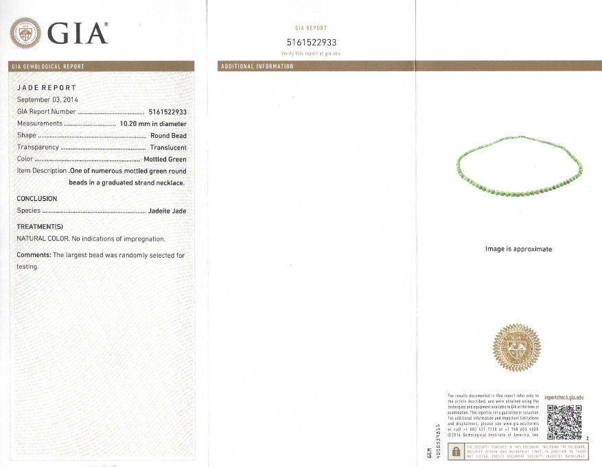 10.20mm Natural Green Jade Bead Necklace - 290ct GIA Certified Genuine Jade Jewelry for Women, Perfect for Weddings, Parties & Special Occasions