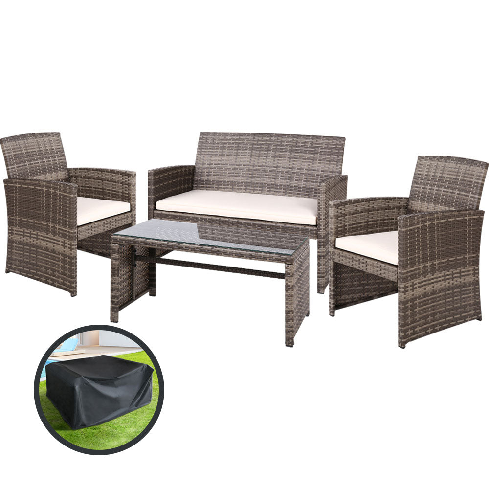 4-Piece Outdoor Rattan Sofa Set with Storage Cover - Waterproof Grey Patio Furniture for Garden, Backyard, and Poolside Relaxation