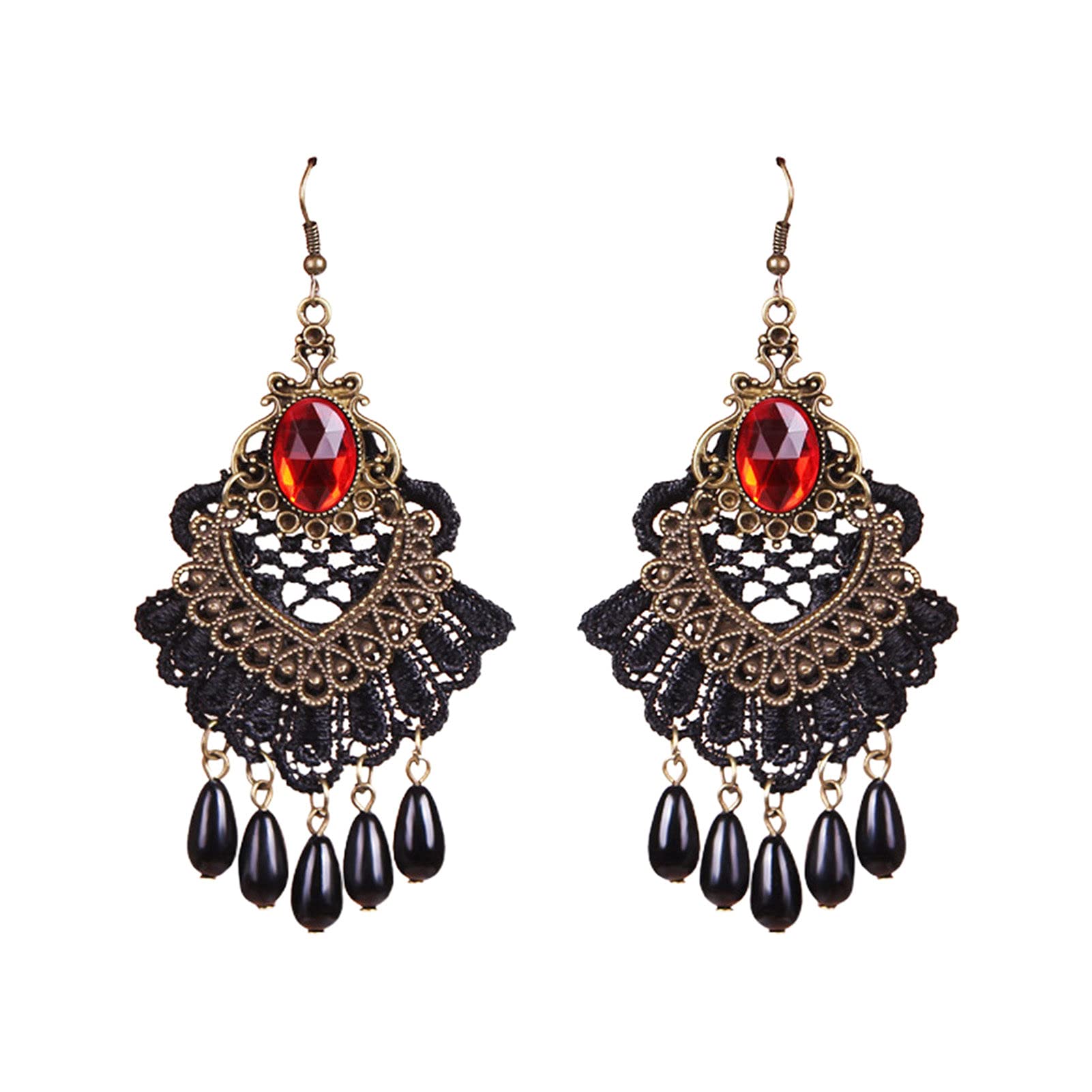 Stylish Halloween Earrings for Women - Hollow Out Lace Tassel Drop Earrings with Rhinestone Hook | Perfect for Halloween Parties, Cosplay, and Gothic Fashion Accessories