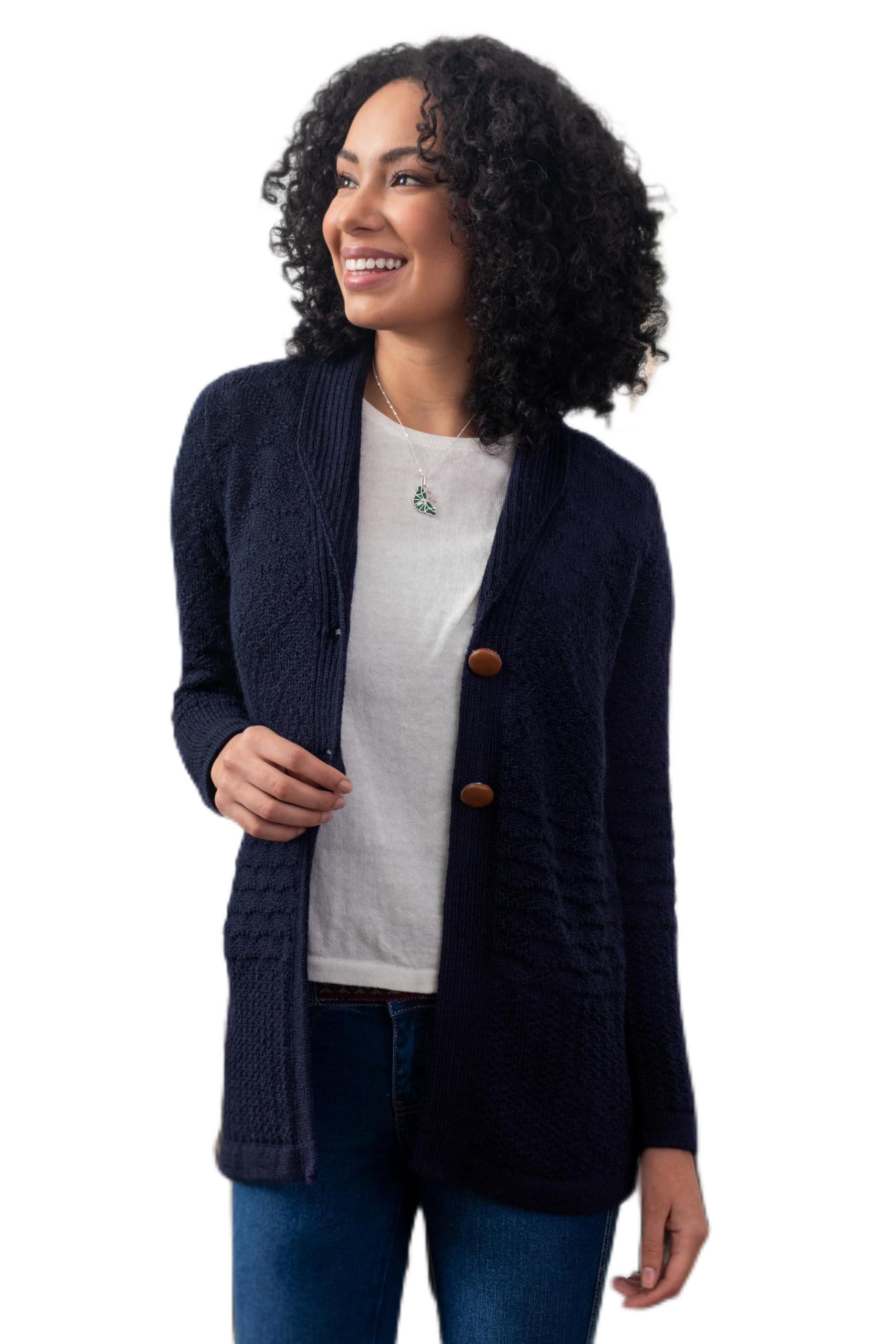 Handmade Alpaca Blend Cardigan - Navy Blue Button Down Wool Sweater | Peruvian Artisan Crafted | Solid 'Textures in Blue' Design | Perfect for Fall Fashion & Cozy Winter Outfits