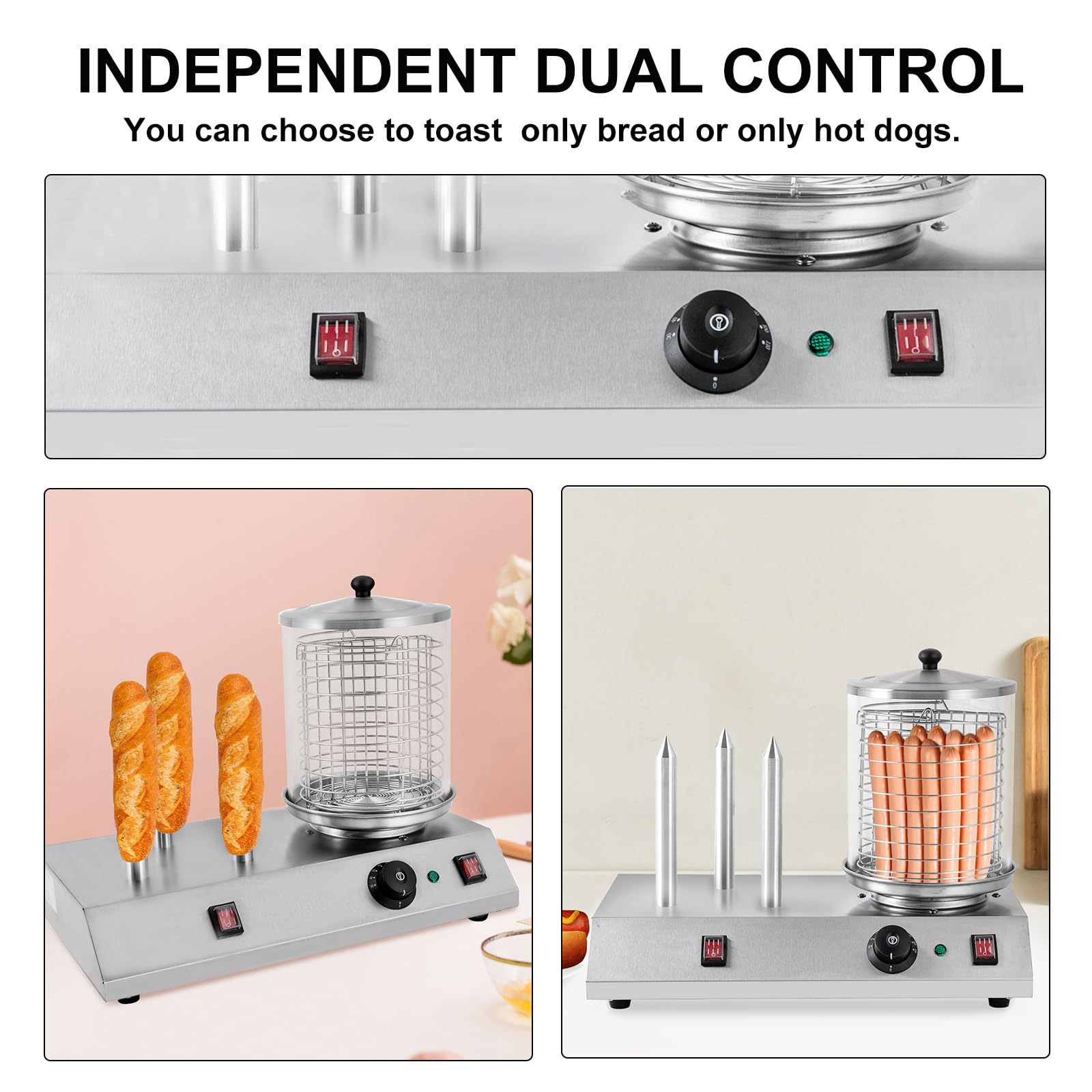 Commercial Electric Hot Dog Steamer & Bun Warmer - 110V Stainless Steel Hot Dog Machine for Hot Dogs, Sausages, Buns & Baguettes - Perfect for Restaurants, Food Trucks and Home Kitchens