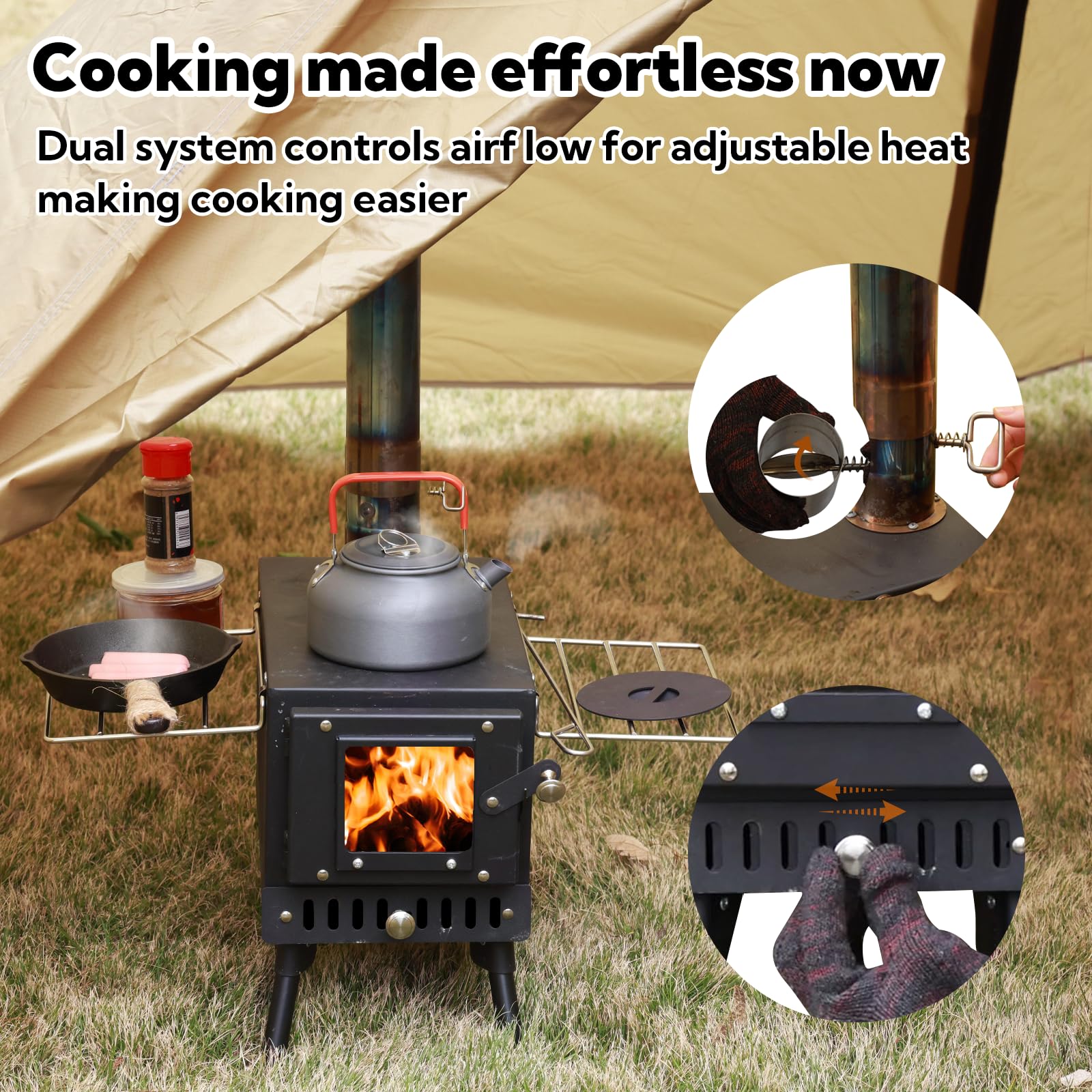 Portable Folding Wood Burning Camping Stove with Chimney Pipe & Spark Arrestor - Lightweight Outdoor Cooking Stove for Backpacking, Hiking, Emergency Survival & Tent Heating