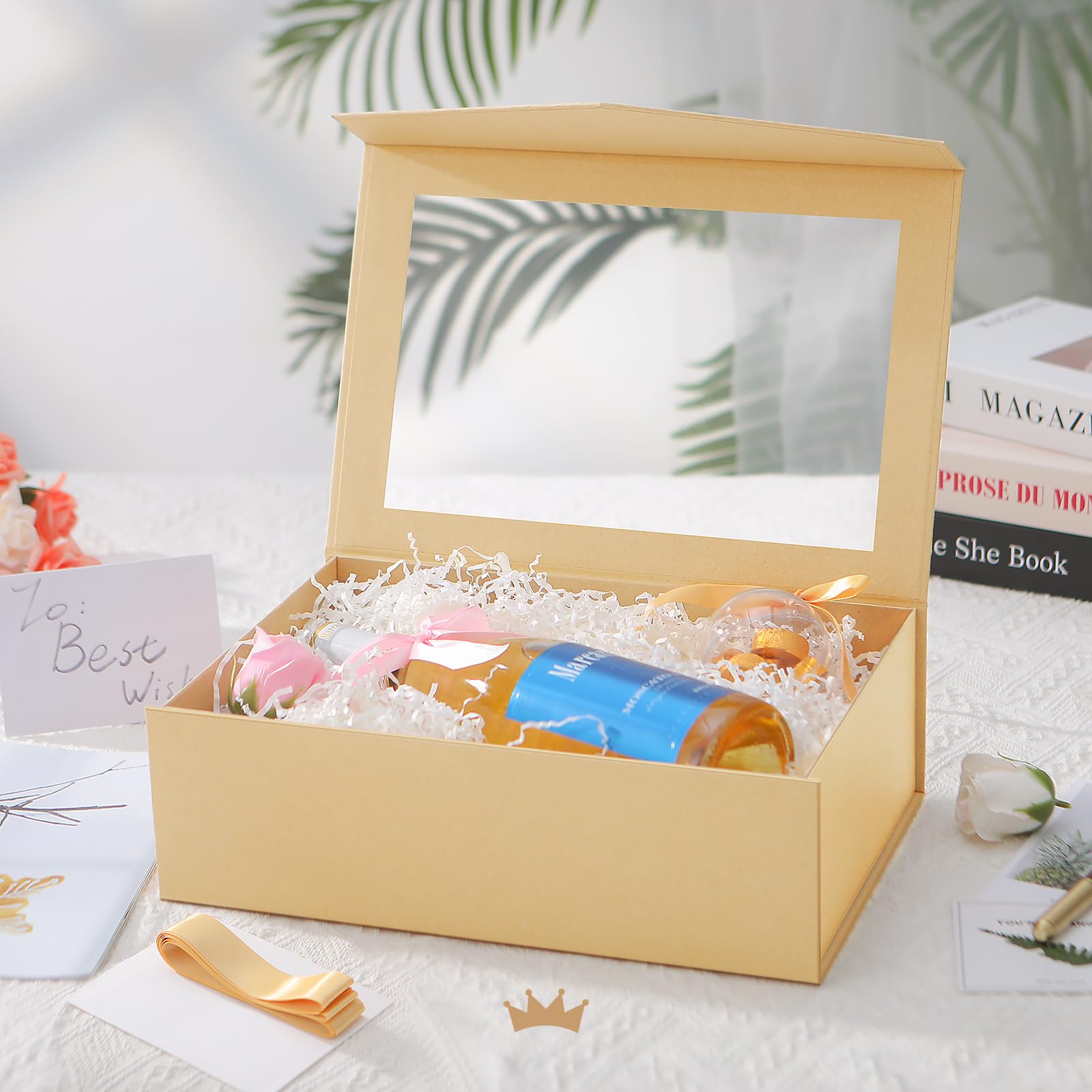 PACKQUEEN 13.5x9x4.1 Inch Large Kraft Gift Box with Clear Window - Magnetic Lid, Includes Ribbon & Card - Perfect for Groomsman Proposals, Wedding Favors, Birthday & Holiday Gift Packaging