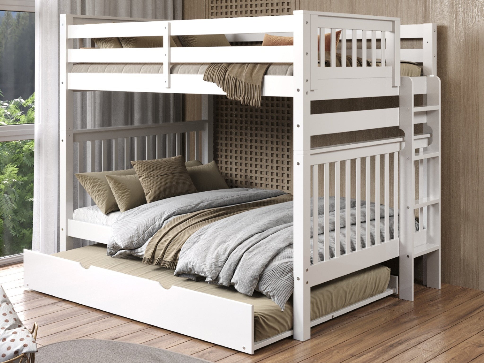 Full over Full Bunk Beds with Trundle - White Wooden Twin Bunk Bed for Kids & Teens - Space Saving Bedroom Furniture for Small Rooms, Dorms & Guest Rooms