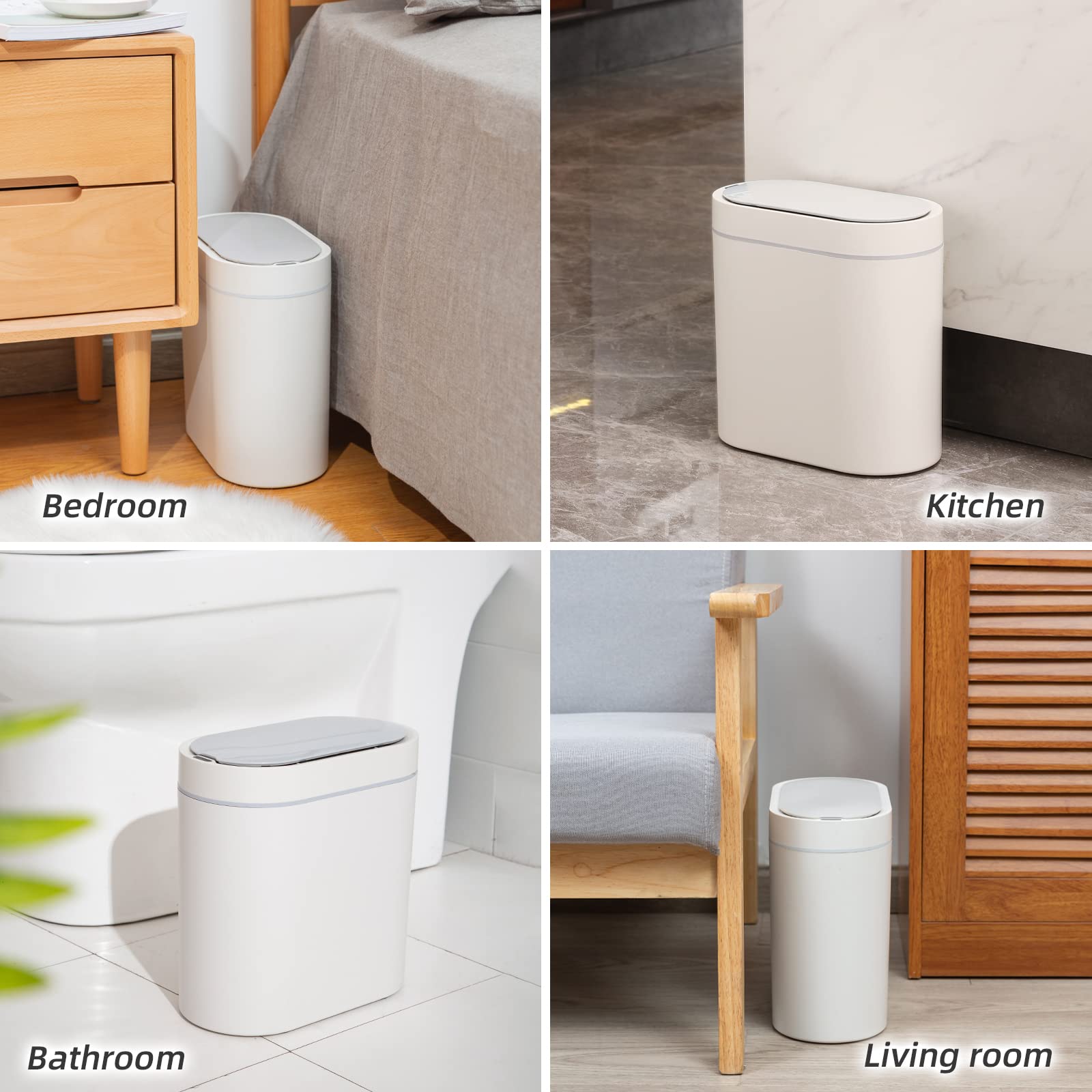 2 Gallon Slim Motion Sensor Trash Can with Lid - Automatic Touchless Bathroom Garbage Bin for Bedroom, Living Room, Toilet & Office - White | Space-Saving Design for Small Spaces & Modern Homes
