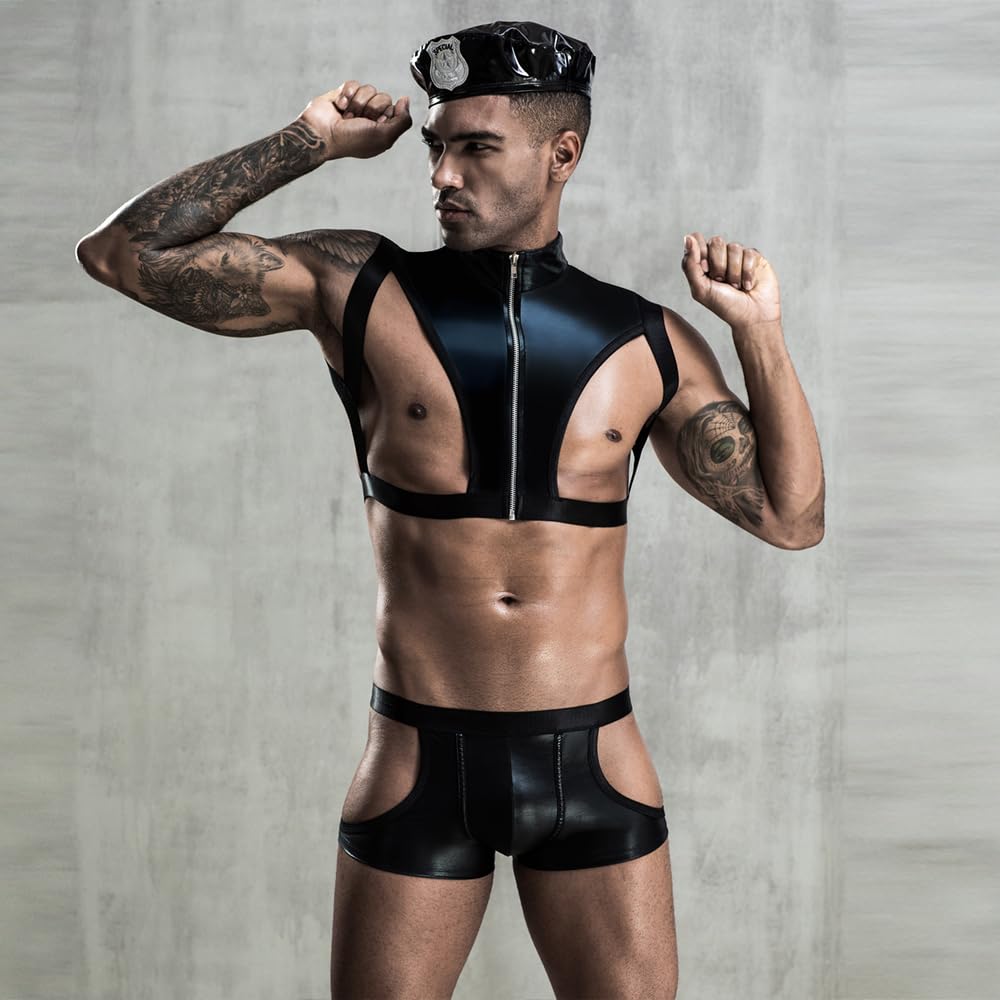 Sexy Police Costume Lingerie for Men - Black, Size L - Roleplay Underwear for Halloween, Cosplay & Adult Parties