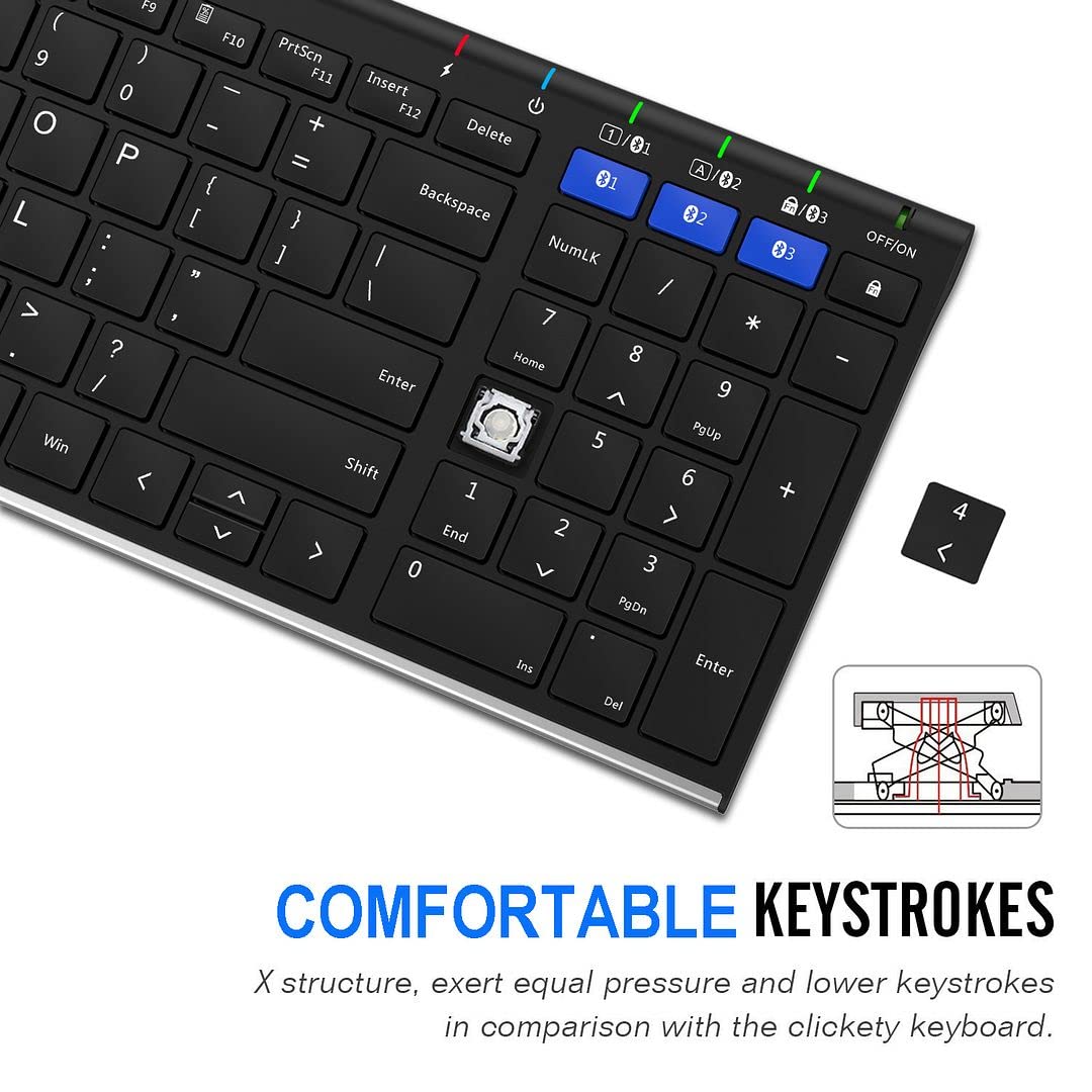 Arteck HB193 Universal Bluetooth Keyboard - Multi-Device Wireless Keyboard for Windows, iOS, Android, Mac - Full Size Stainless Steel Keyboard for Computer, Laptop, Tablet, Smartphone - Rechargeable Battery - Perfect for Office, Home & Travel Use