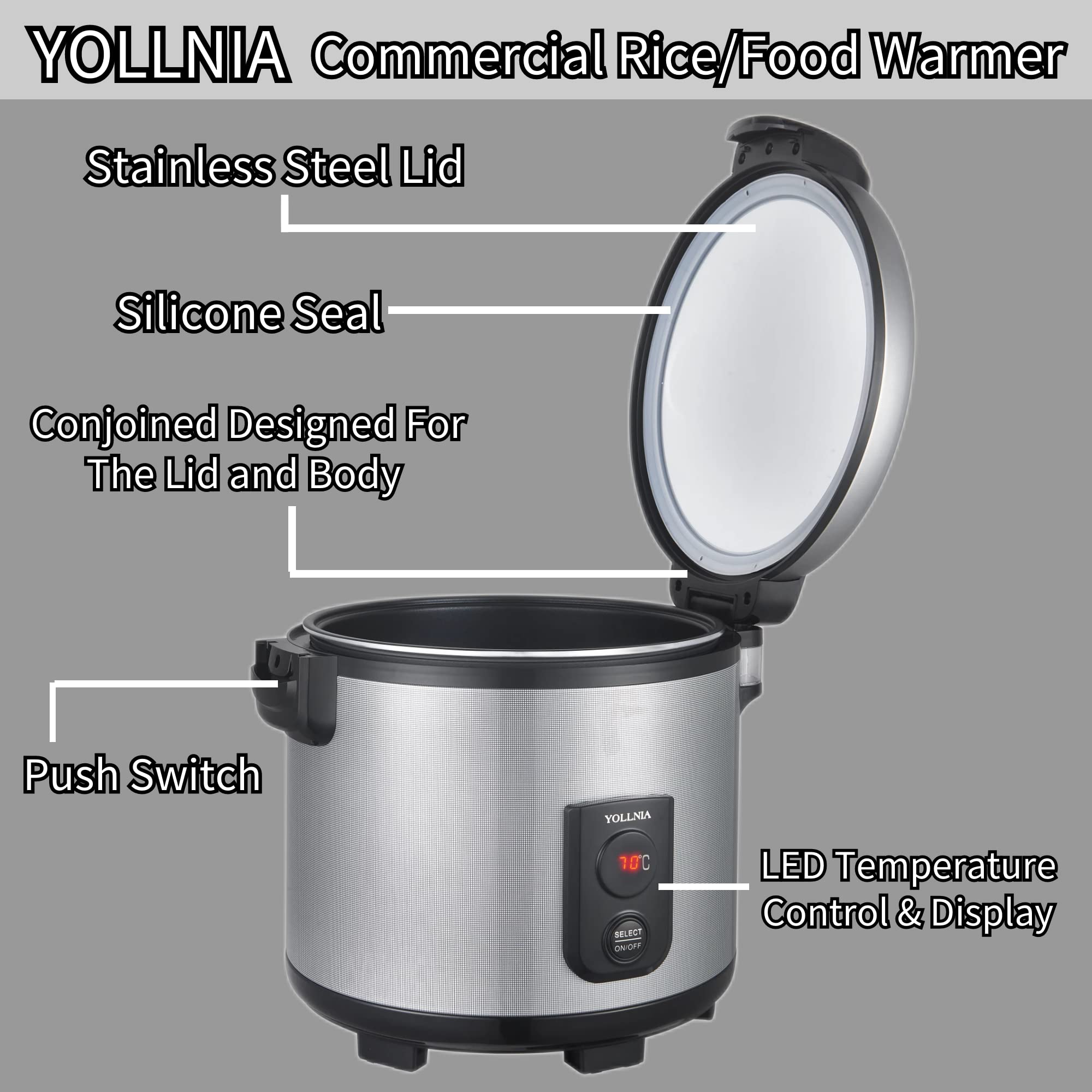 55QT Commercial Rice Warmer - 110V Portable Food Warmer with Adjustable Temperature (122°F-178°F), 130W Non-Stick Inner Pot - Perfect for Restaurants, Catering & Buffets