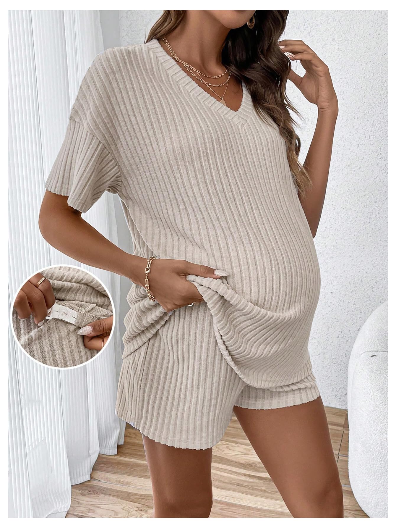MakeMeChic Women's Maternity Pajama Set - 2 Piece Rib Knit Lounge Outfit with Short Sleeve Top & Shorts - Soft Pregnancy Sleepwear for Comfortable Nights & Relaxing at Home