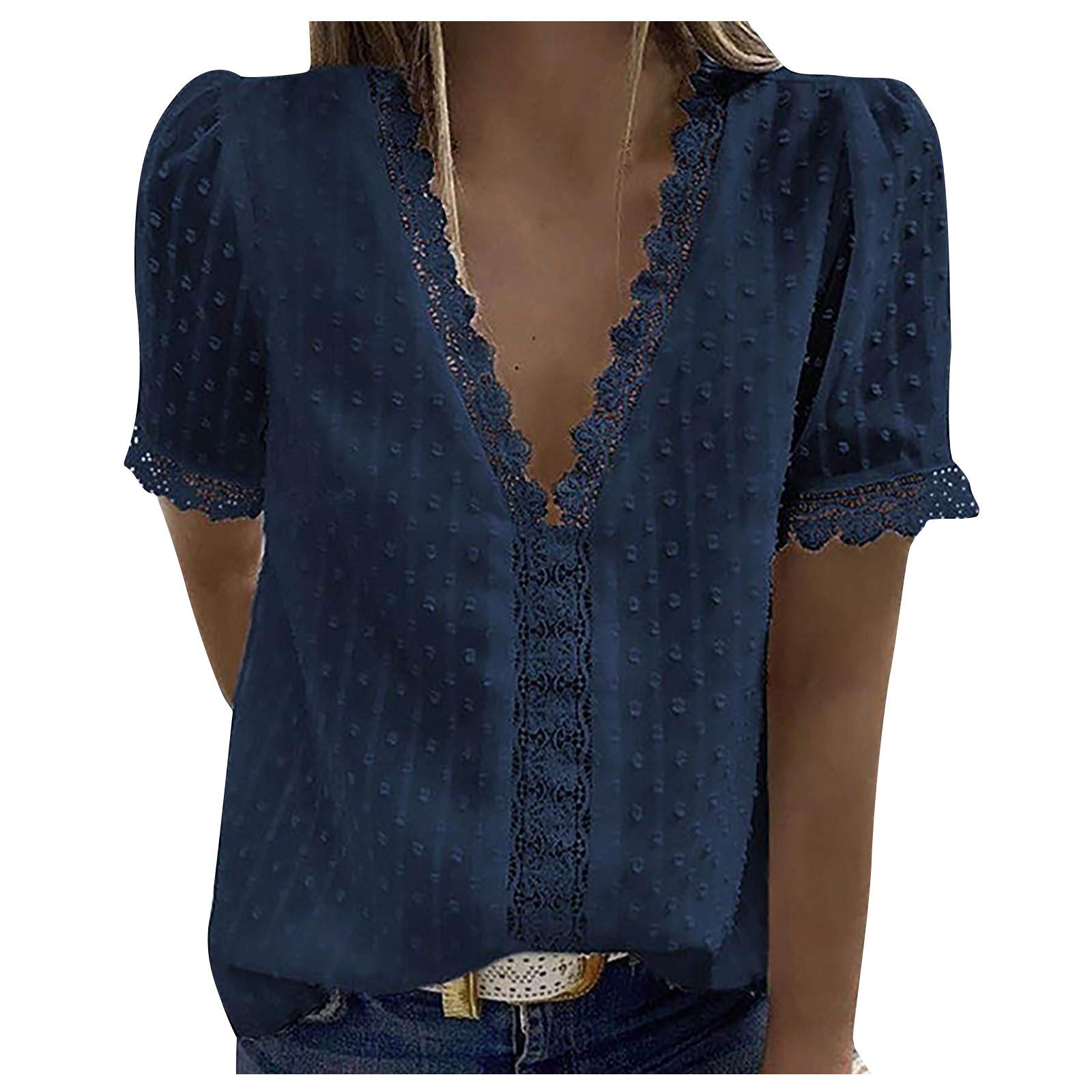 Women's Solid Color Casual V-Neck Lace Sleeve T-Shirt - Fashion Blouse for Everyday Wear, Dating & Office Outfits