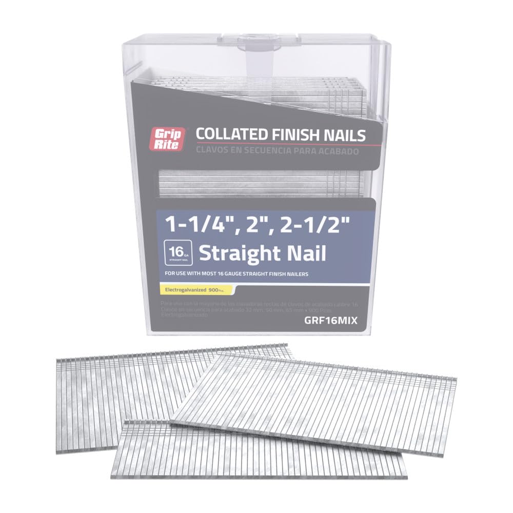 Grip Rite Prime Guard GRF16MIX 16 Gauge Electrogalvanized Straight Collated Finish Nails - 2', 2-1/2', 1-1/4' Mix Pack for Trim, Cabinetry, and Woodworking Projects