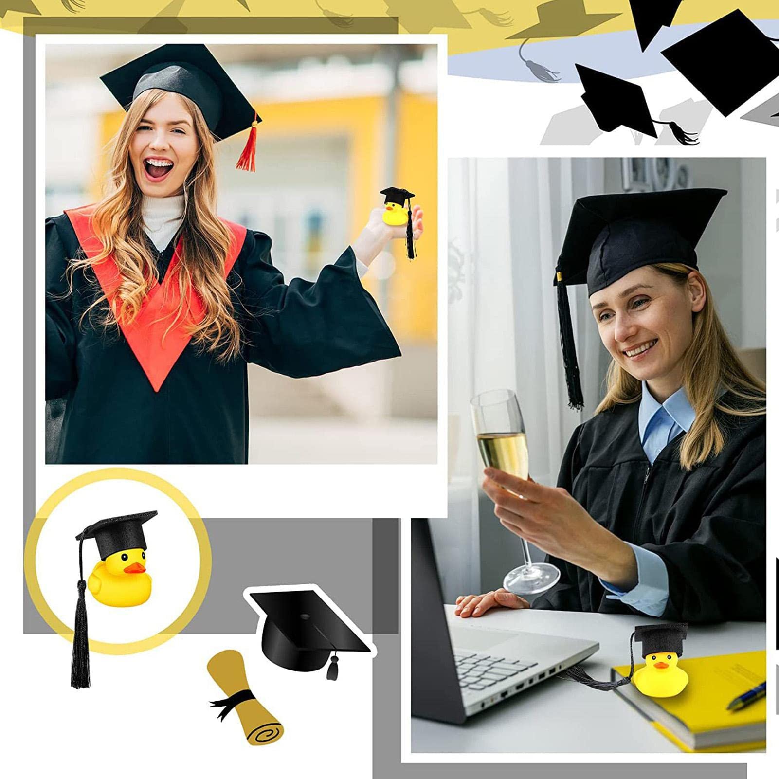 Mini Graduation Rubber Ducks with Black Caps - Bulk Pack for Graduation Party Decorations, Birthday Celebrations & School Events - Fun Favors for Graduates, Teachers & Students