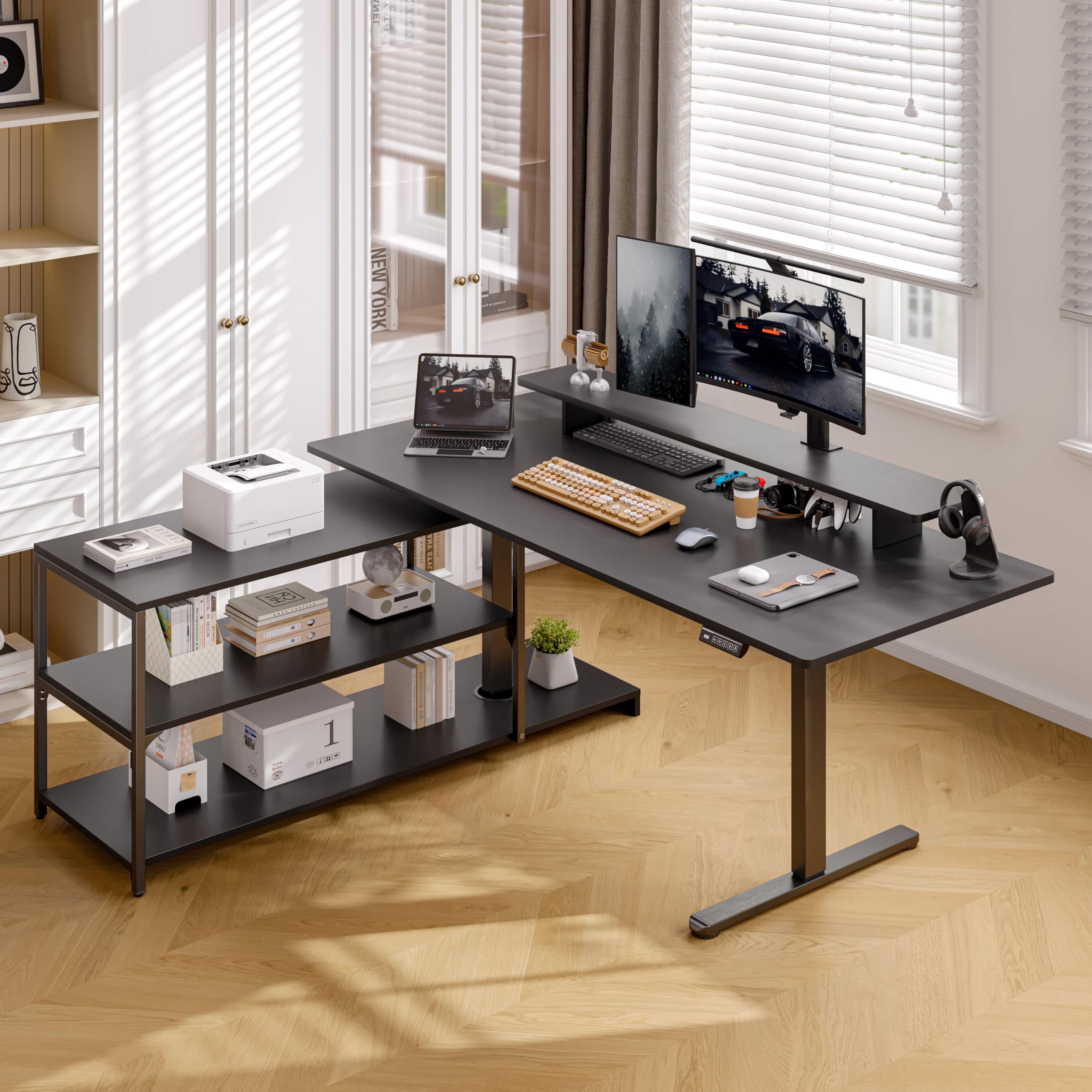 L-Shaped Electric Standing Desk with File Cabinet & Storage Shelf - 63x24 Inch Adjustable Height (28-46