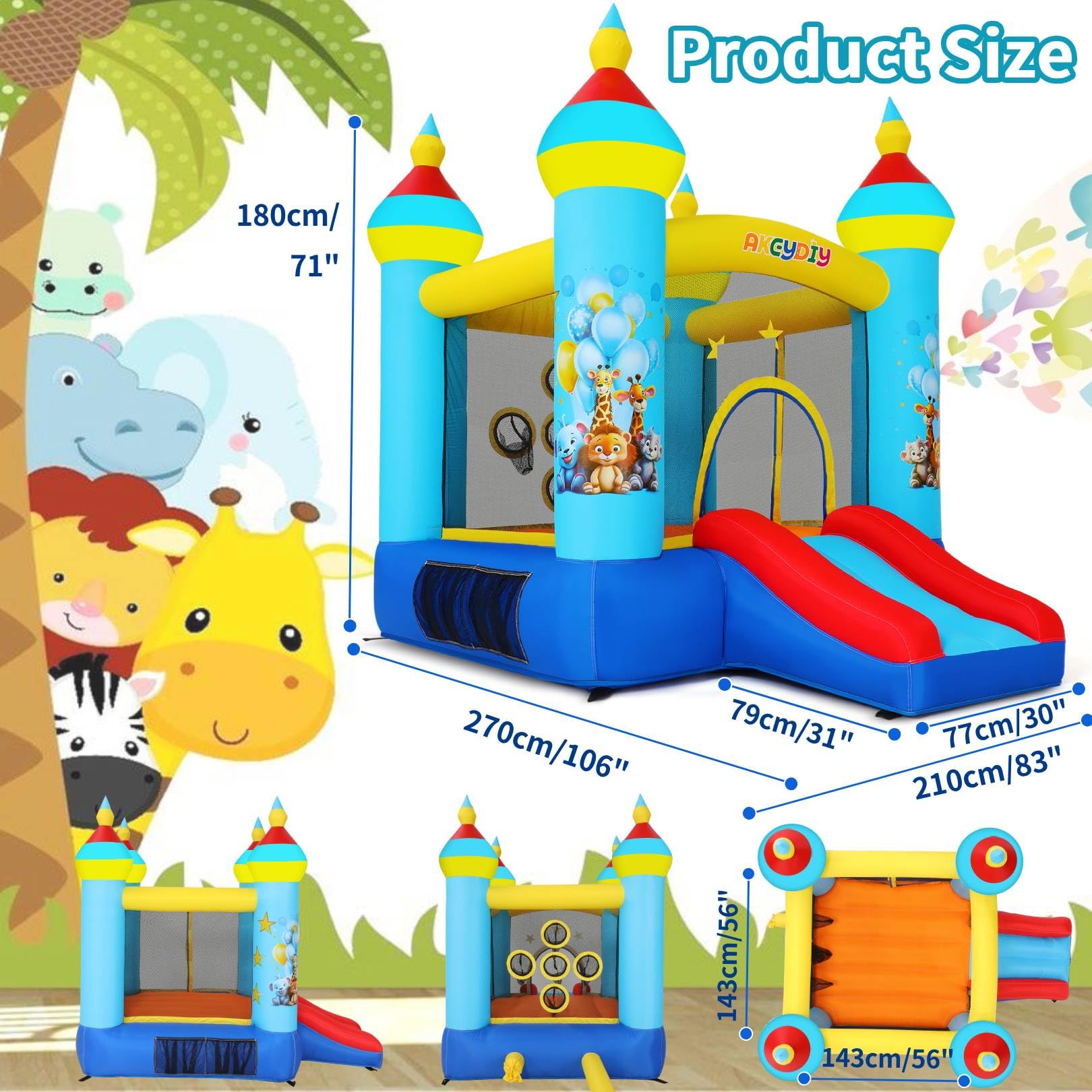 AKEYDIY Inflatable Bounce House for Kids Ages 3-8 - Tropical Jungle Themed Outdoor/Indoor Bouncy Castle with Slide, Jumping Area & Ball Toss Game - Includes Blower - Perfect for Birthday Parties, Backyard Play & Family Gatherings