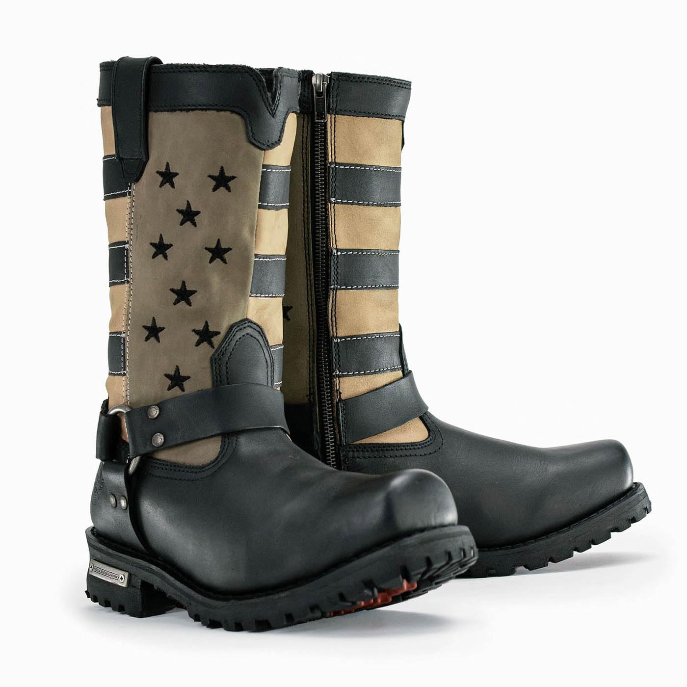 Milwaukee Leather Men's Stars and Stripes Black with Tan Motorcycle Boots - Harness Riding Boots for Men Size 7.5 (MBM9045) - Perfect for Cruising, Biker Events & Motorcycle Rides