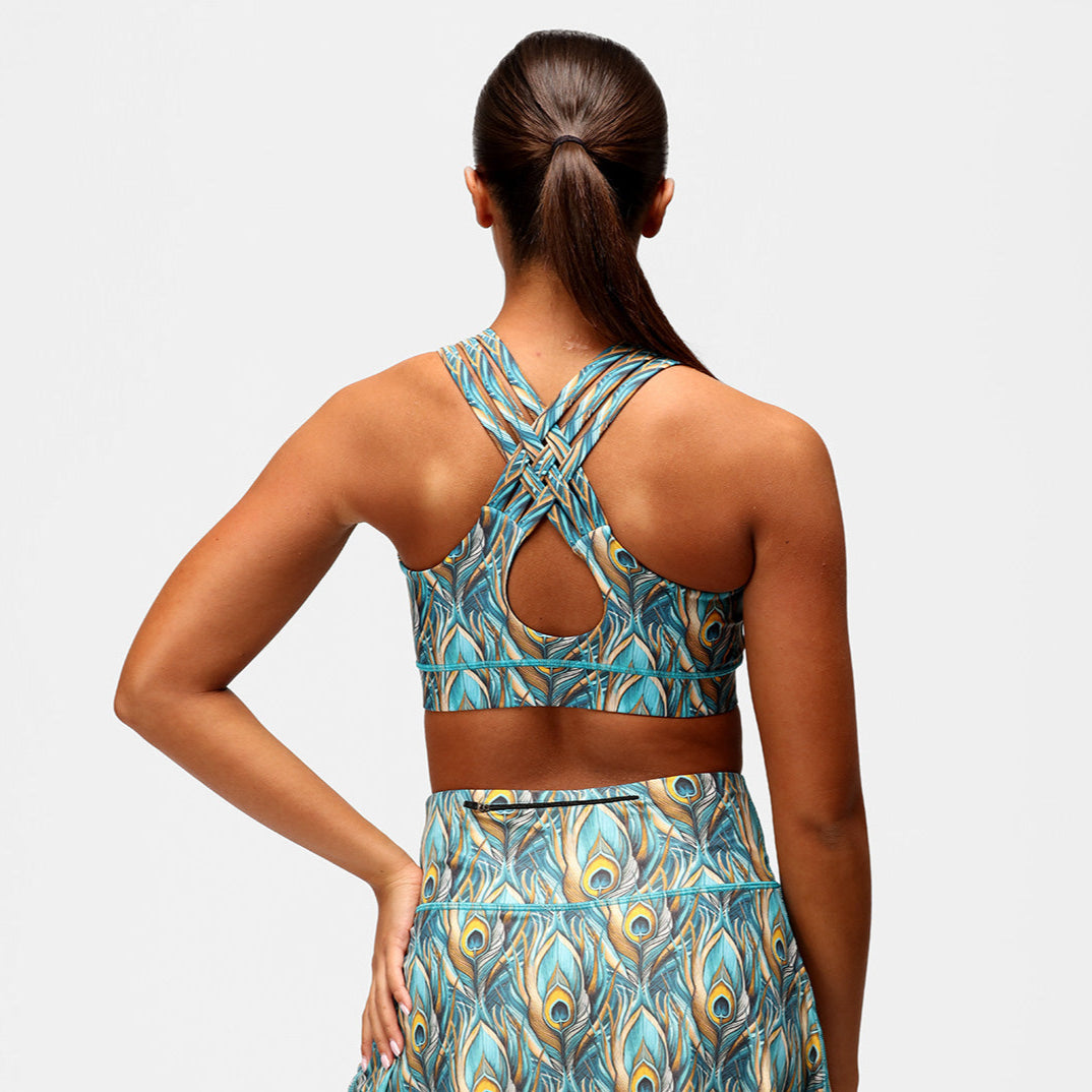 Pretty In Peacock Cross Back Bra - Women's Comfortable & Stylish Lingerie for Yoga, Workout & Everyday Wear