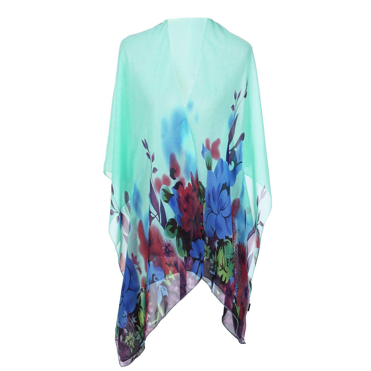 Trendy Blue Chiffon Floral Sheer Kimono Wrap Cardigan - Lightweight Beach Cover Up for Women, Summer Boho Style, Perfect for Poolside, Vacation & Outdoor Events