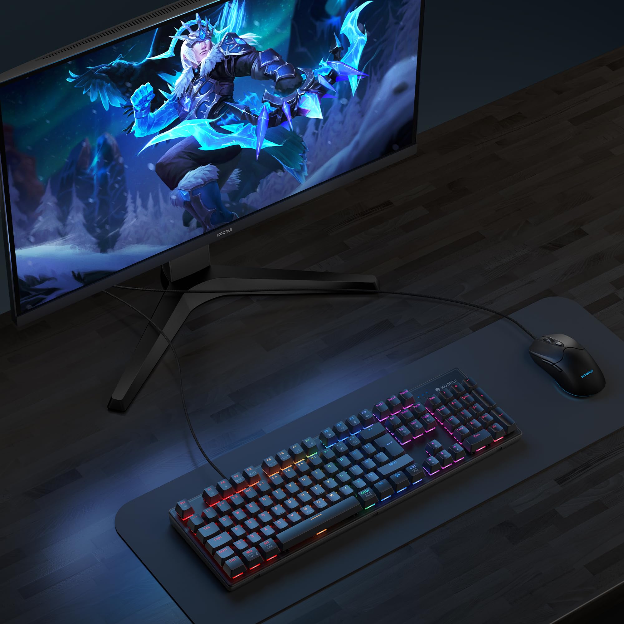 KOORUI Wired Gaming Keyboard and Mouse Combo - 104 Key Mechanical Keyboard with Blue Switches & Ergonomic Optical Mouse for PC, Mac, Xbox - Perfect for Gaming, Office Work & Streaming (Blue)