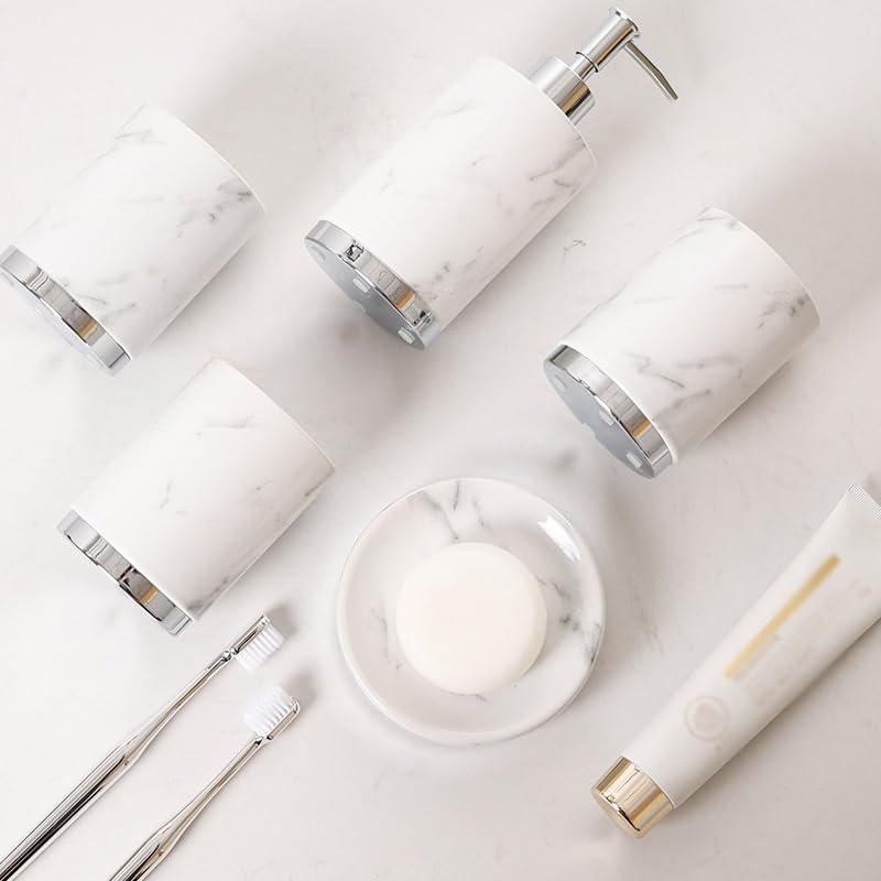 Marble Patterned Ceramic Bathroom Set - 5 Toothbrushes & 2 Mouthwash Cups | Modern Bathroom Decor for Home, Hotel & Spa | Perfect for Family & Guest Use