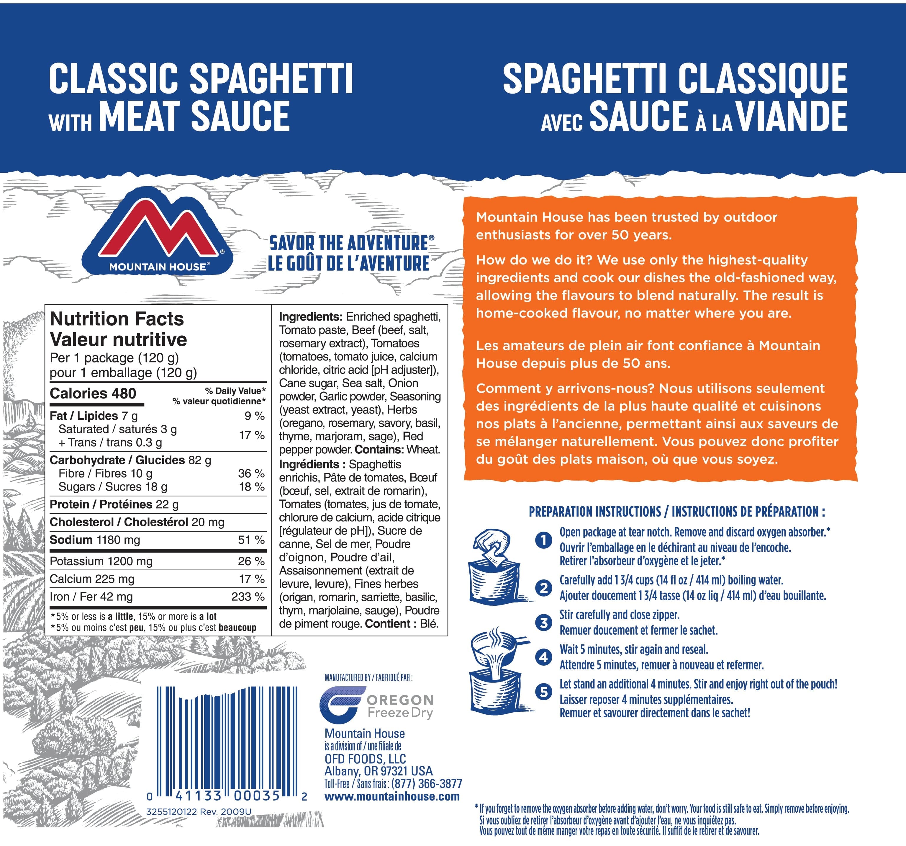 Mountain House Spaghetti with Meat Sauce - Freeze Dried Backpacking & Camping Food - Lightweight Emergency Meal - Ready in 10 Minutes (1 Serving Pouch) | Perfect for Hiking, Survival Kits & Outdoor Adventures