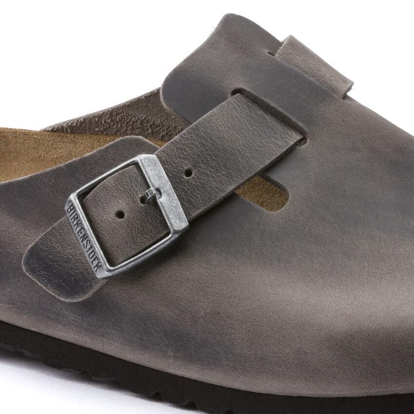 Birkenstock Boston Oiled Leather Soft Footbed Clog in Iron - Comfortable Slip-On Shoes for Women & Men - Perfect for Home, Office, and Casual Wear