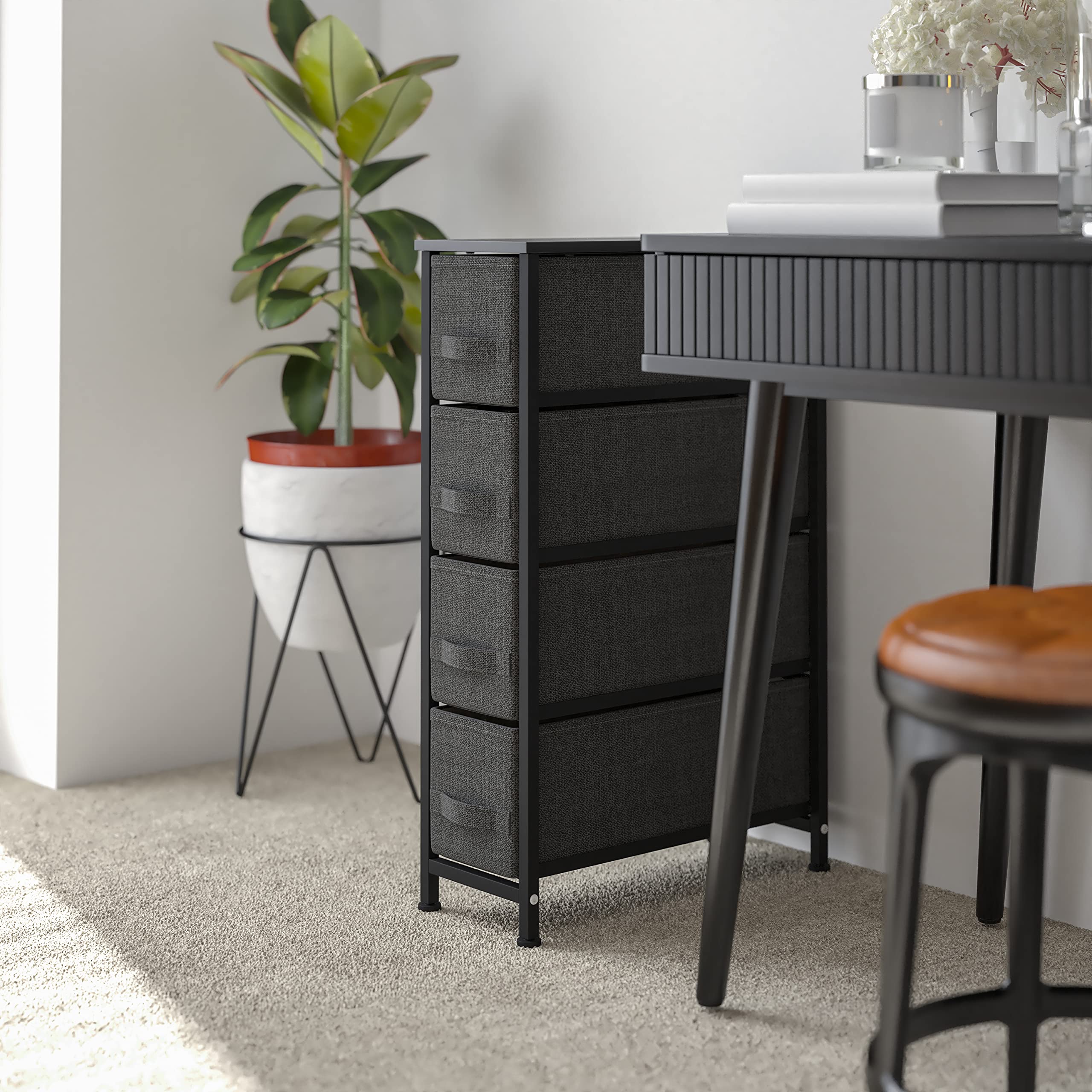 Emma & Oliver 4-Drawer Slim Dresser Storage Tower - Black Wood Top & Gray Fabric Drawers for Bedroom, Closet, or Nursery Organization