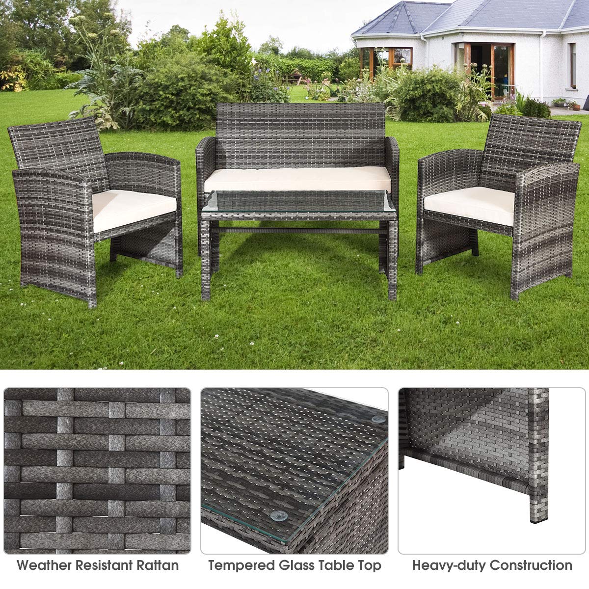 4-Piece Wicker Patio Furniture Set with Rattan Sofa Chairs, Removable Cushions & Tempered Glass Coffee Table - Outdoor Conversation Set for Garden, Lawn, Poolside or Backyard Relaxation