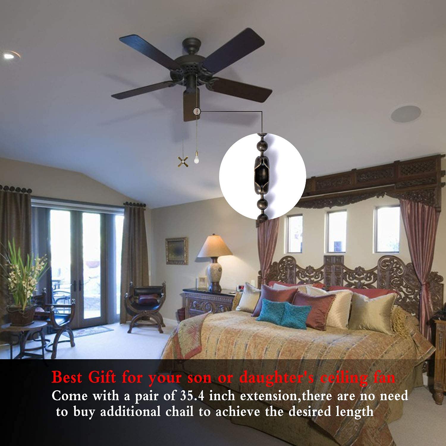 4Pcs Beaded Ball Fan Pull Chain Pendant Set with 8Pcs Connectors & 2Pcs 35.4-inch Extensions - Bronze Ceiling Fan Accessories for Home, Bedroom, Living Room, and Office Decor