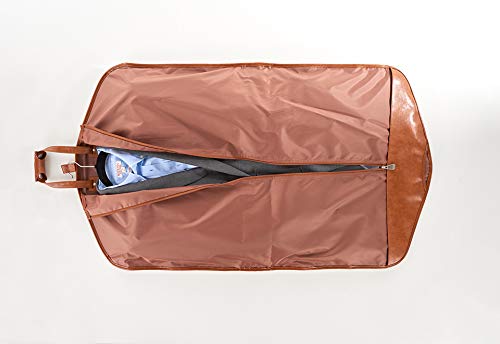Premium Leather Garment Bag for Travel - Tan Brown Luxury Suit Cover with Shoulder Strap | Business Trips, Weddings & Formal Events
