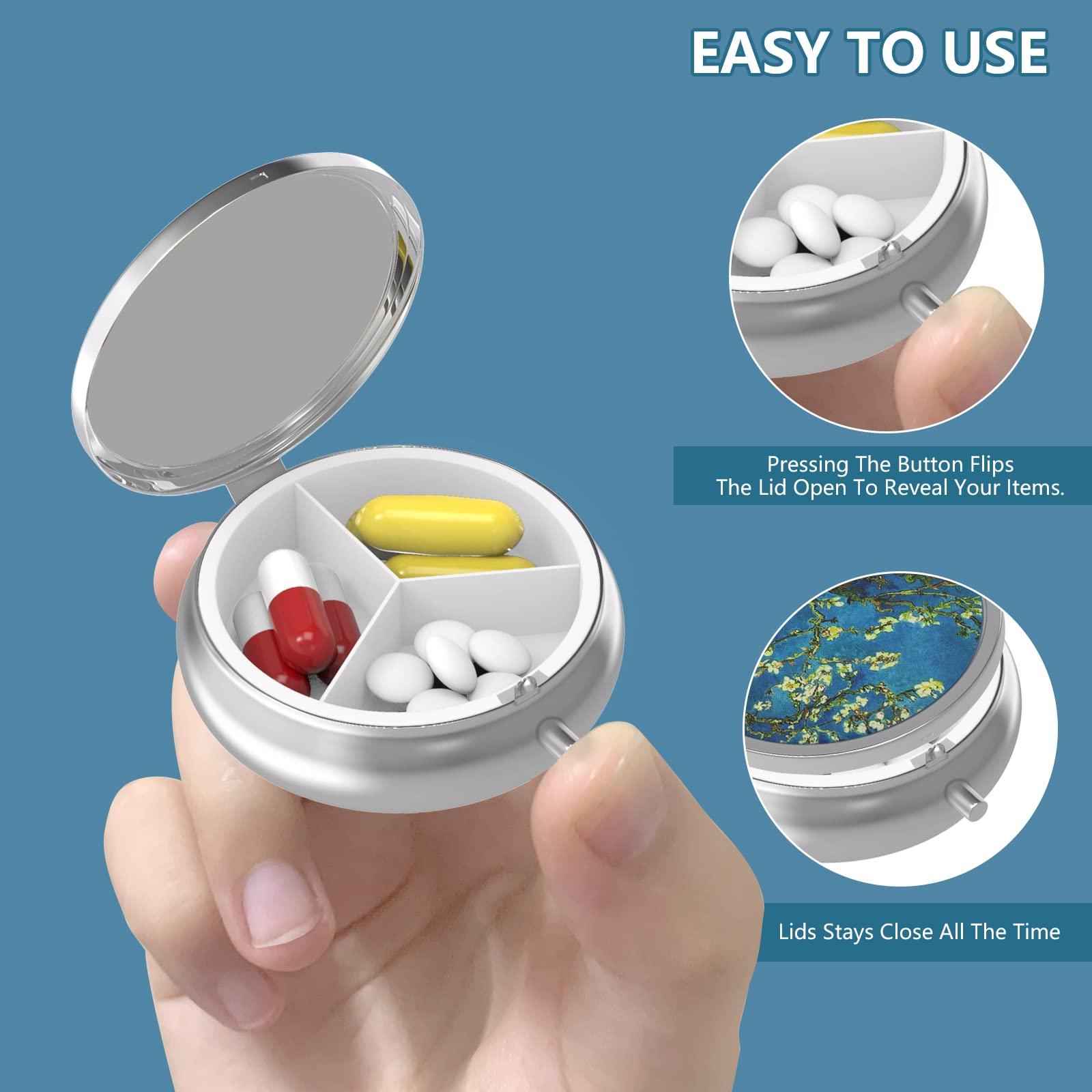 3 Compartment Pill Organizer - Portable Travel Pill Case for Pockets & Purses - Decorative Metal Vitamin Box - Perfect Gift for Seniors & Travelers - Ideal for Daily Medication, Vitamins & Supplements