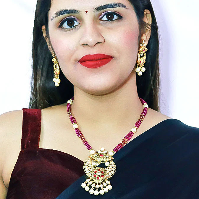Exquisite Gold Plated Royal Kundan Pendant Necklace Set (D576) - Perfect for Weddings, Parties & Special Occasions