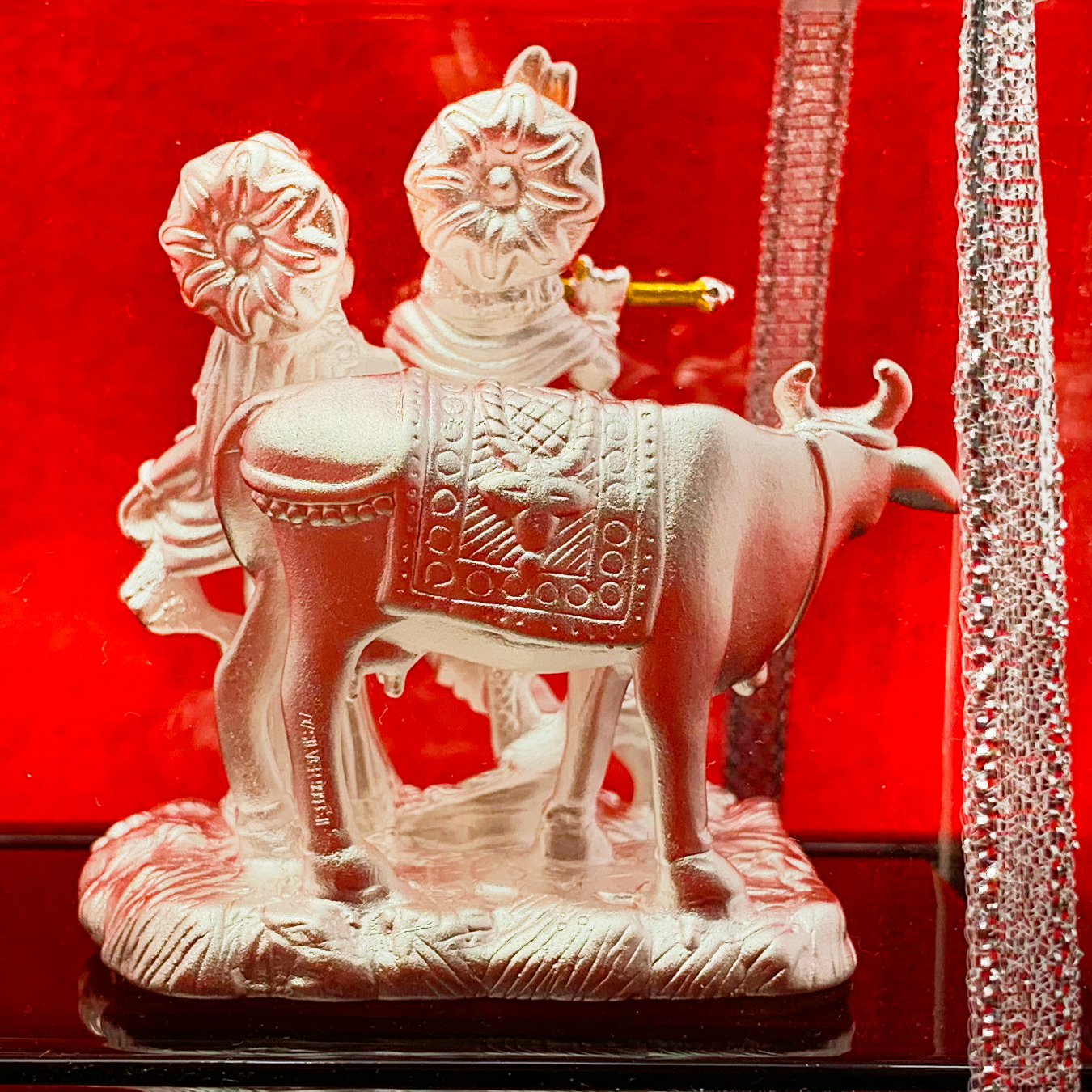 999 Pure Silver Radha Krishna Idol with Cow & Peacock - Hindu God Statue for Home Altar, Puja Worship & Spiritual Decor