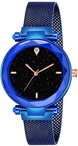 TIMESPACE Luxury Fashion Women's Quartz Watch with Rhinestones - TS-4023 Starry Black Dial & Blue Steel Magnetic Strap - Elegant Ladies Wristwatch for Girls, Perfect for Parties, Dating & Daily Wear