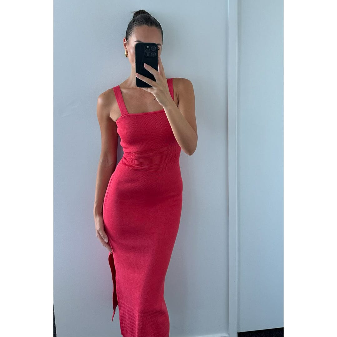 FREJA Women's Bright Red Wide Strap Bodycon Knit Midi Dress - Sexy Party, Date Night & Cocktail Attire