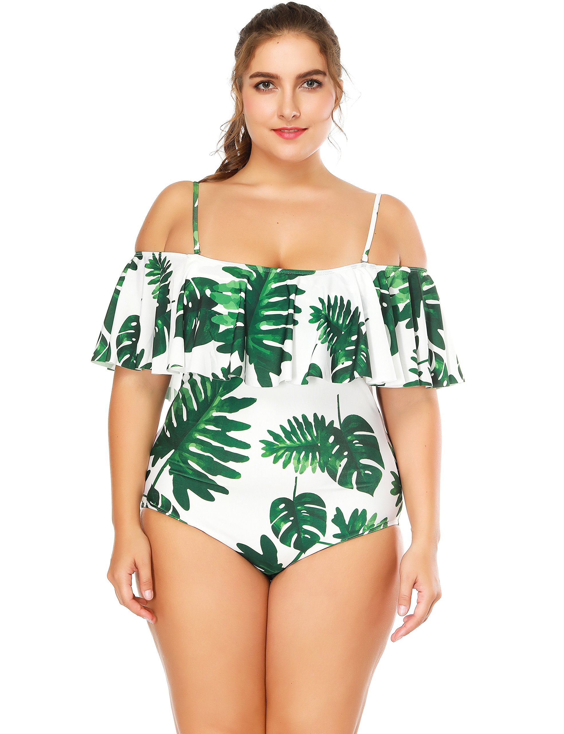 Vintage Printed Off Shoulder Flounce Ruffled Monokini Swimsuits for Women - Retro One Piece Bathing Suit for Beach, Pool, Vacation & Summer Fashion