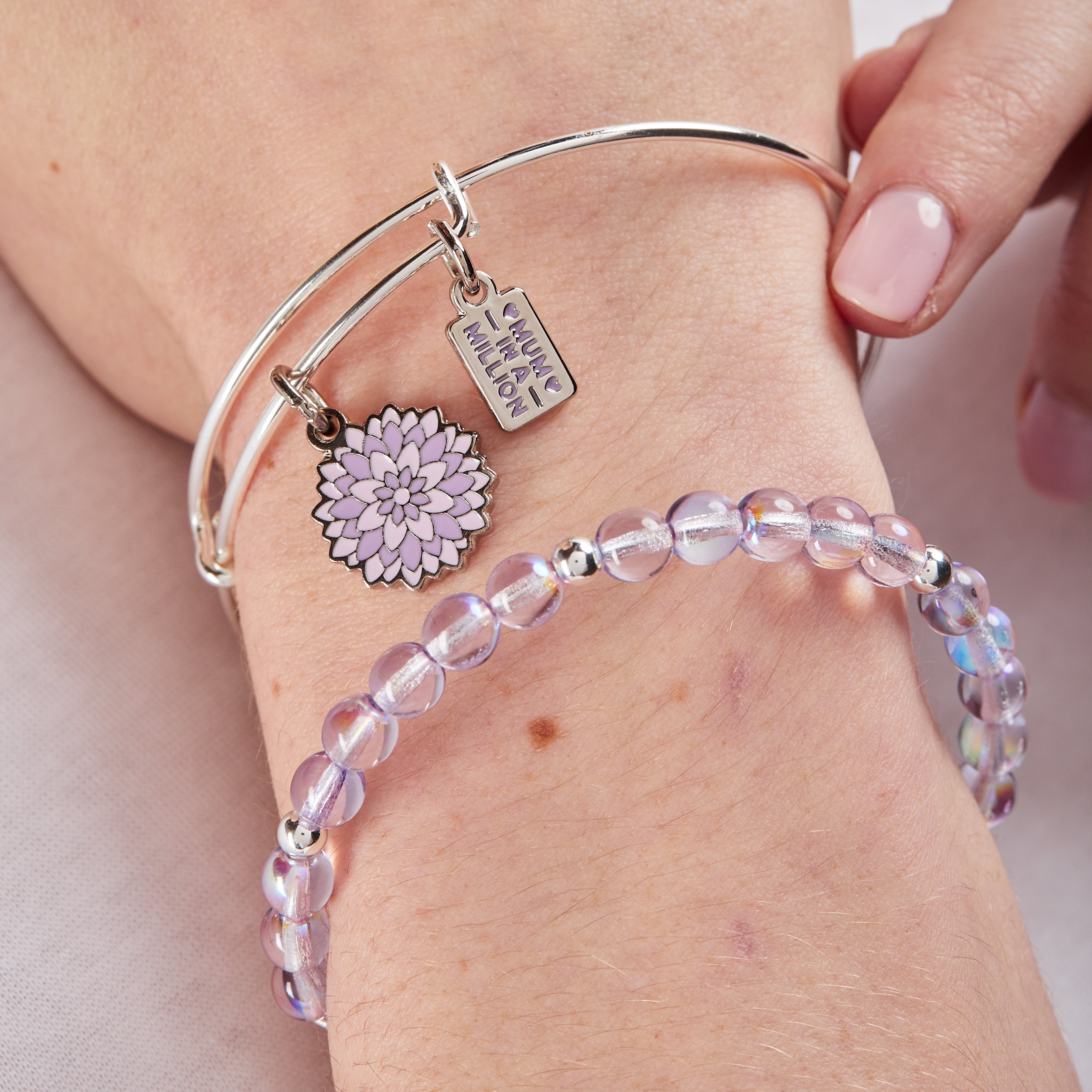 Stylish Purple Flower Duo Charm Bangle Set of 2 - Perfect Gift for Mom, Mother's Day & Special Occasions - Elegant Jewelry for Women