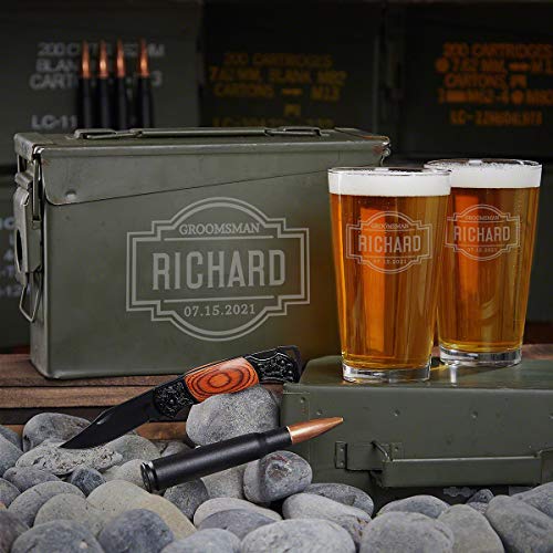 Fremont Custom Ammo Box Set & 50 Cal Beer Gift Set - 5pc | Military Themed Drinking Accessories | Perfect for Man Cave Decor, Veteran Gifts & Hunting Parties