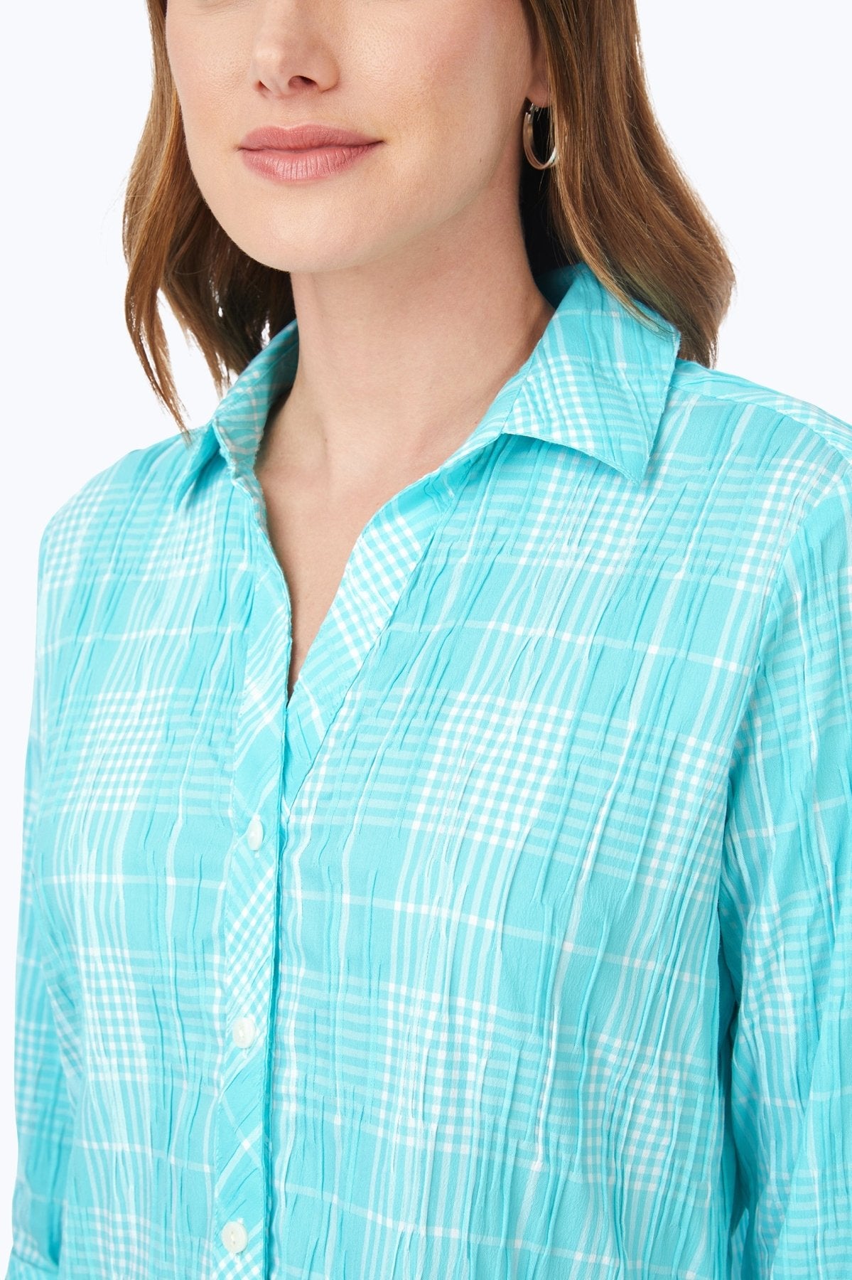 Faith Beach Plaid Crinkle 3/4 Sleeve Tunic Top - Women's Casual Summer Tunic Shirt for Beach Vacation, Outdoor Activities & Everyday Wear