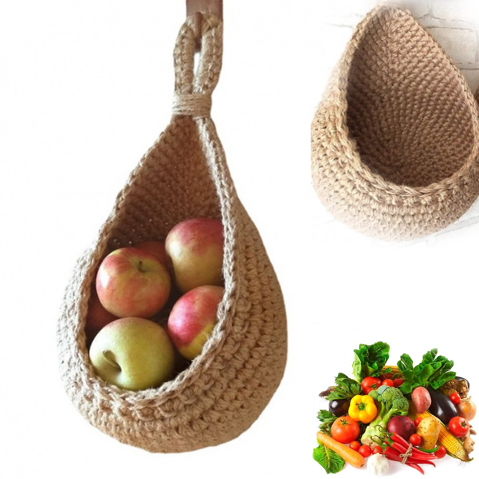 Handwoven Teardrop Hanging Wall Basket - Natural Plant Holder for Fruits, Vegetables, Eggs, Bread & Snacks | Rustic Kitchen Storage & Farmhouse Decor for Home, Office or Gift