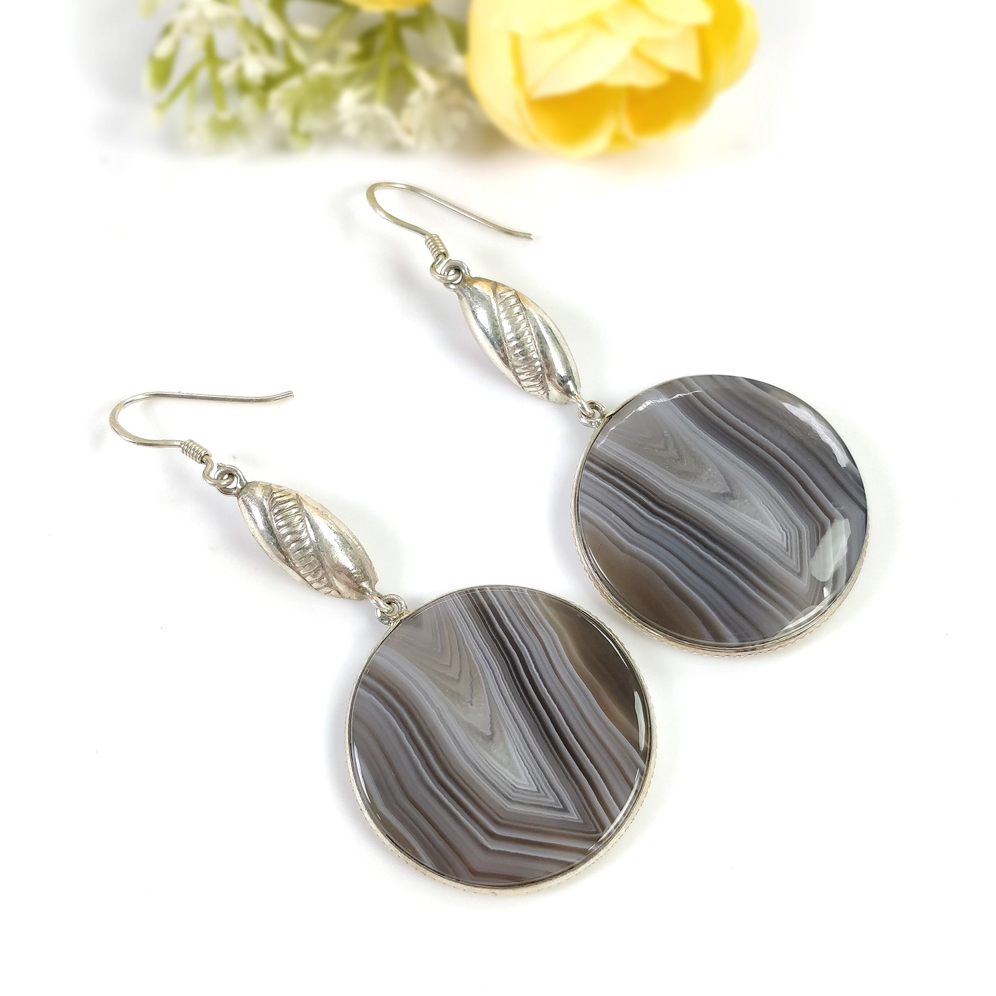 Botswana Agate Gemstone Earrings - 18.94g Natural 925 Sterling Silver Bi-Color Round Bezel Set Drop Dangle Hook Earrings (2.5 Inch) for Women | Perfect for Parties, Weddings & Everyday Elegant Wear