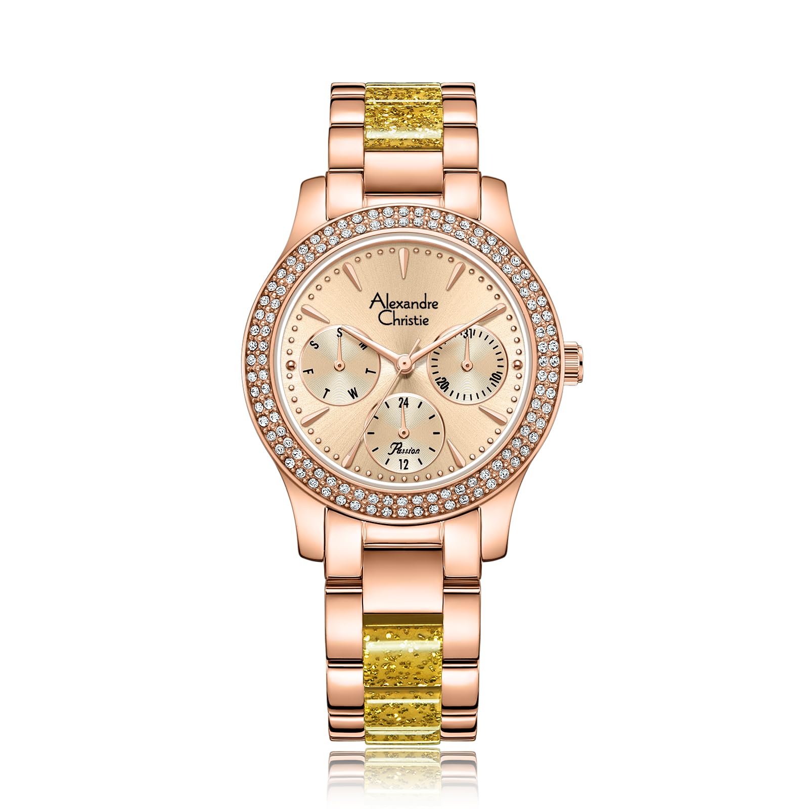 Alexandre Christie AC 2932 BFB Ladies Multi-Function Watch - Orange Rose Gold Stainless Steel Case & Band, Quartz Movement | Elegant Women's Fashion Watch for Daily Wear, Office & Special Occasions