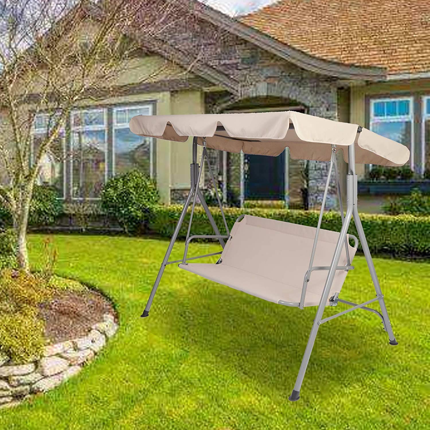3-Person Outdoor Swing Chair with Adjustable Canopy - Heavy Duty Hammock Seats for Patio, Porch, Garden - Beige - Perfect for Relaxing, Lounging & Backyard Gatherings