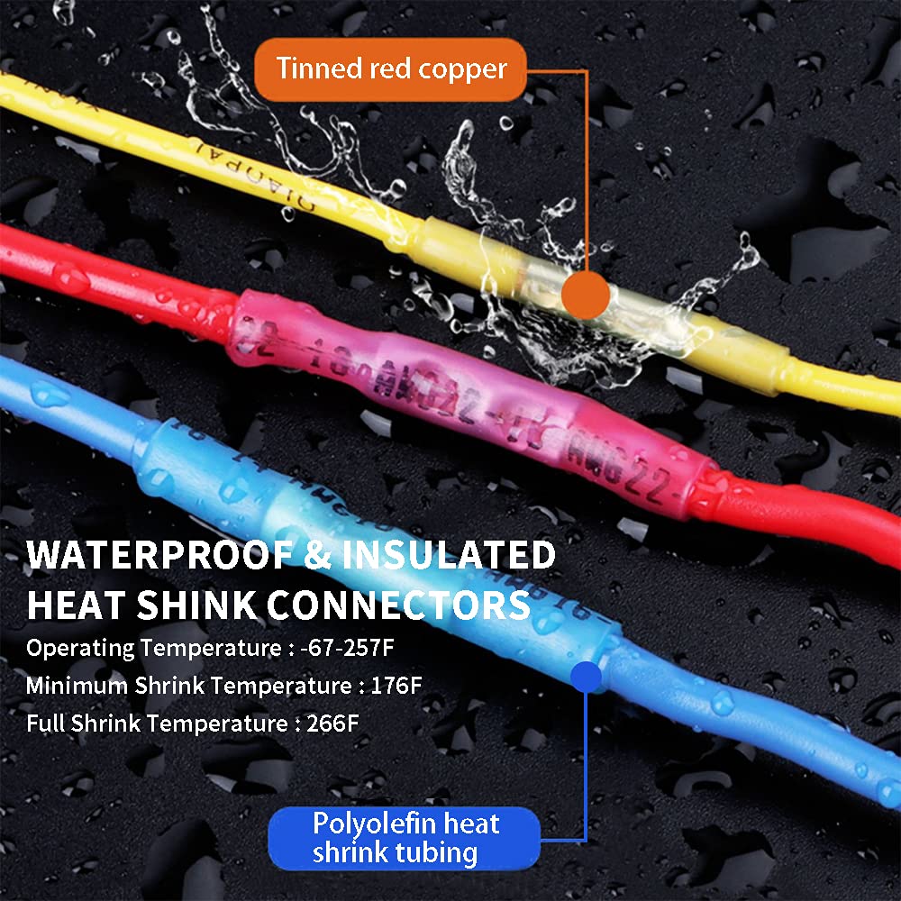 Heat Shrink Butt Connectors 26-24 AWG - Marine Grade Waterproof Electrical Connectors for Boat & Truck Wiring - Weatherproof Crimp Wire Splices for Automotive, Marine & Outdoor Electrical Projects