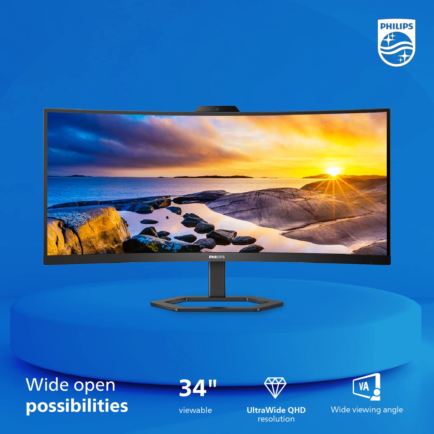 Philips 34E1C5600HE 34-Inch UltraWide QHD Monitor (3440x1440) with Built-in Webcam, USB-C Docking, 100Hz Refresh Rate - Perfect for Home Office, Gaming & Video Conferencing