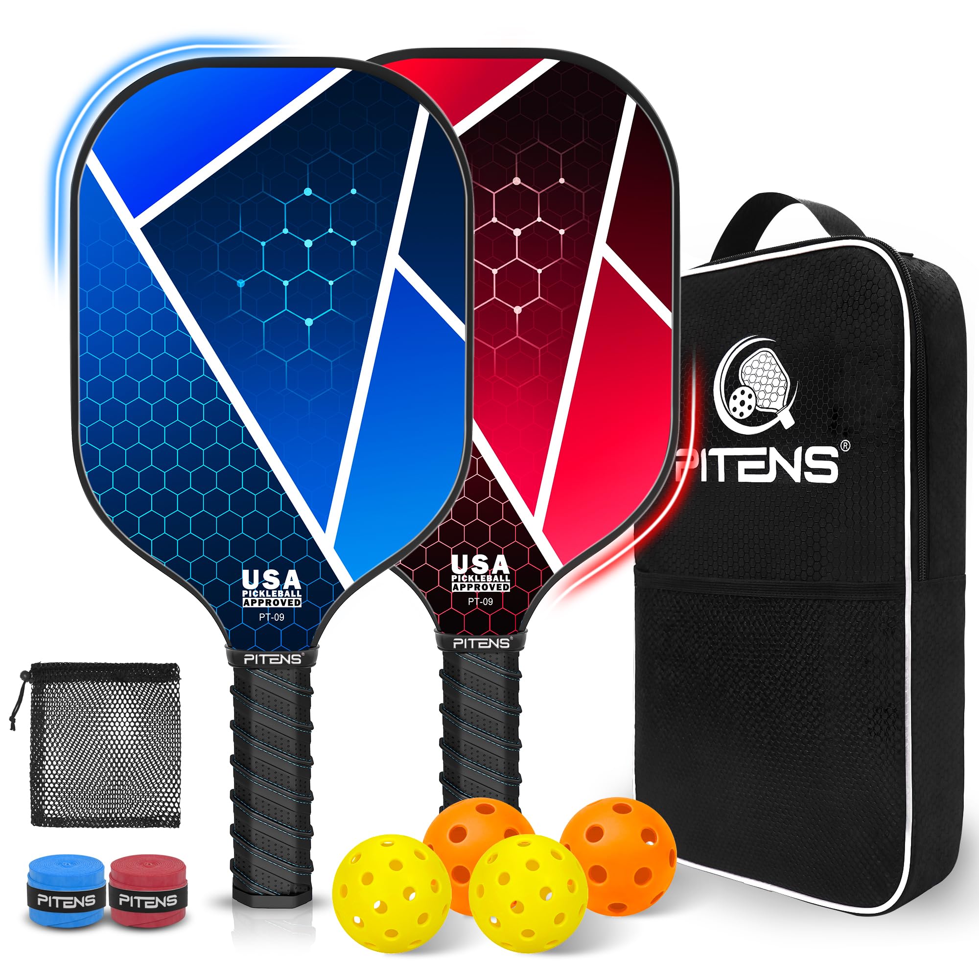 Premium USAPA Approved Pickleball Paddles Set of 2 - Carbon Fiber & Graphite Face with Non-Slip Grip | Includes 4 Outdoor/Indoor Pickleballs | Perfect for Recreational Play, Tournaments & Backyard Games