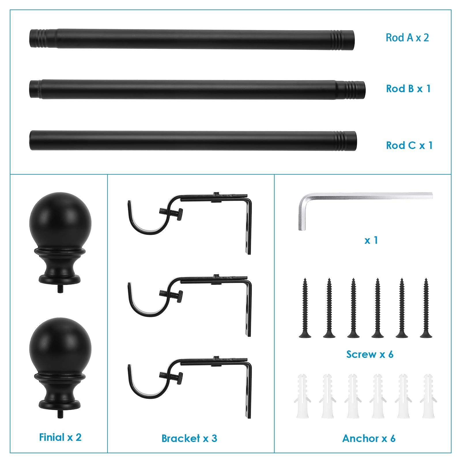 1 Inch Diameter Black Curtain Rod Set 32-72 Inches - Adjustable Window Curtain Rod with Brackets for Bathroom, Kitchen & Bedroom - Standard Decorative Window Treatment for Home Decor