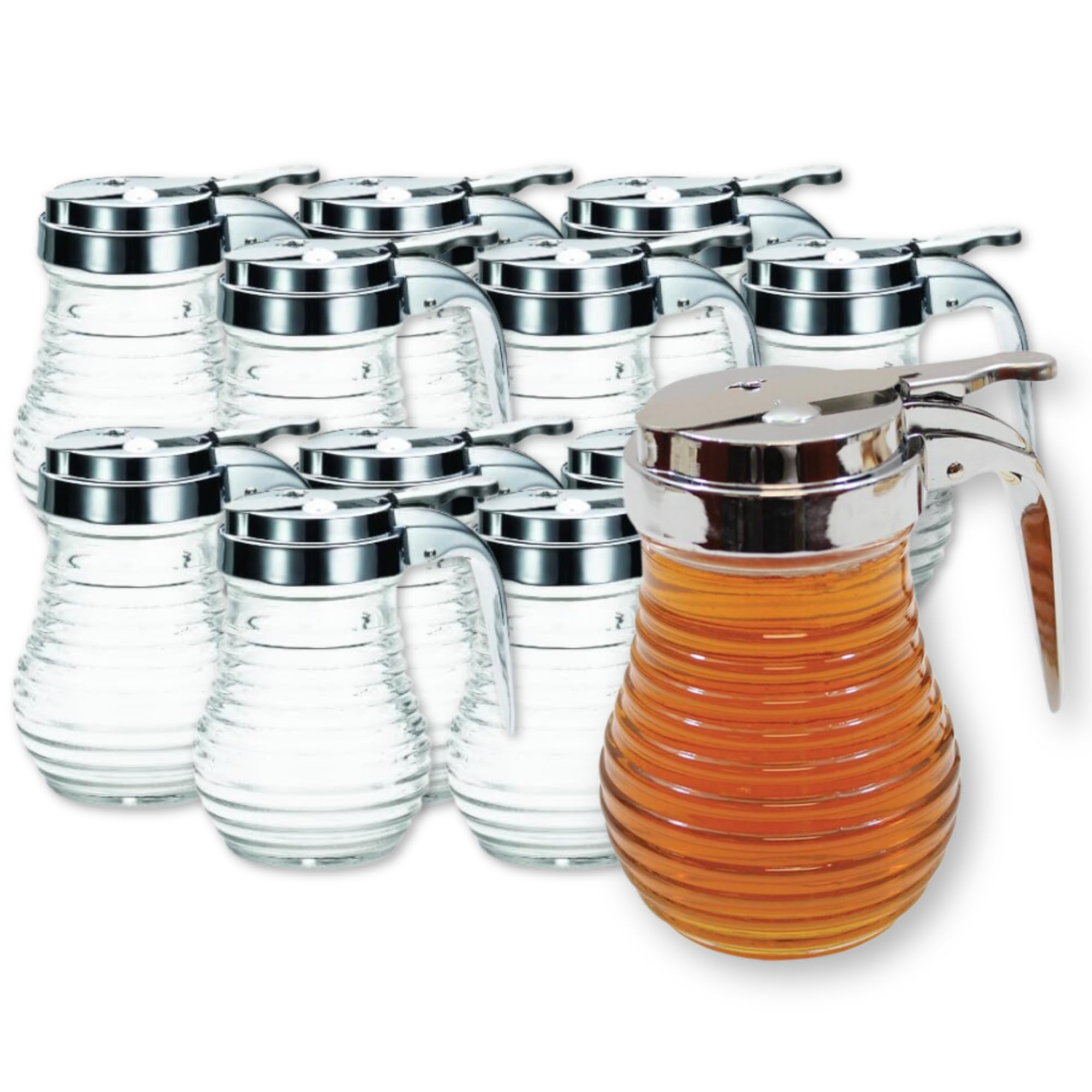 Tablecraft 6 oz Glass Syrup Dispenser - Set of 12 for Coffee, Tea, Cocktails & Pancake Breakfast - Durable Restaurant-Grade Pourer with Stainless Steel Spout