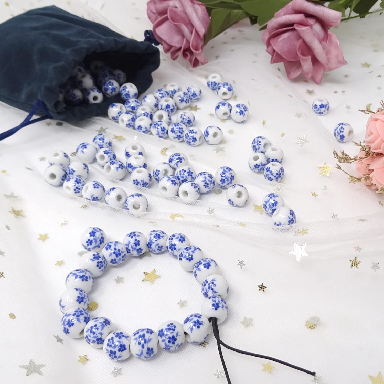 100PCS 10mm Blue Ceramic Beads for Jewelry Making - Porcelain Flower Spacer Beads with Drawstring Bag - DIY Necklace, Earrings & Bracelet Craft Supplies (Perfect for Boho, Wedding & Handmade Jewelry Designs)